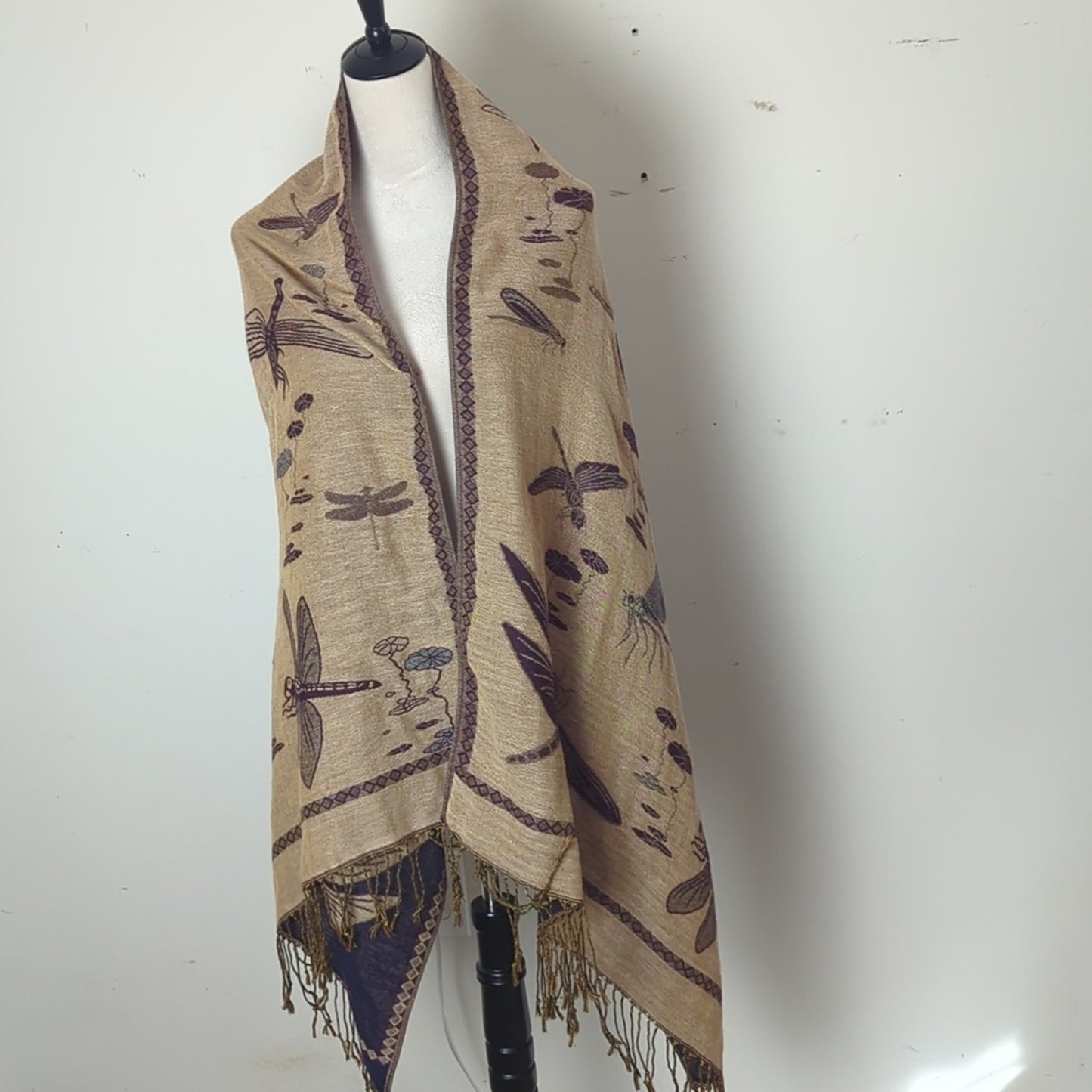 Vintage Dragonfly Water Lily Jacquard Tapestry Shawl Fringe Blanket Scarf Woodland Whimsical