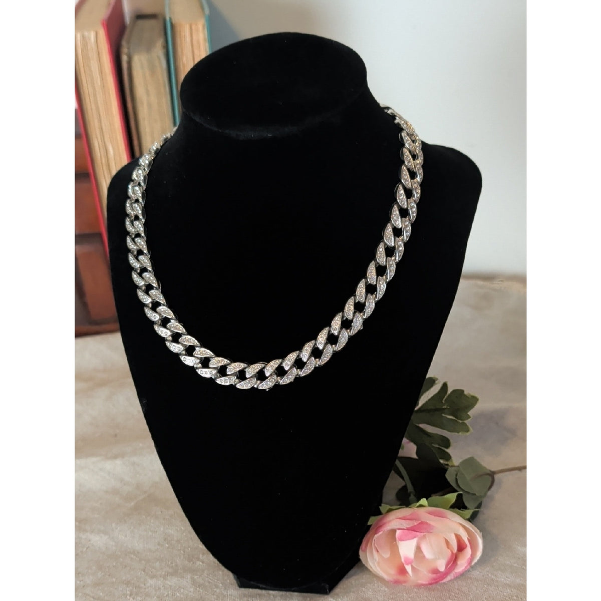 Y2K Rhinestone Cuban Link Necklace Silver Tone Glam Chain Pavé Crystal Detail