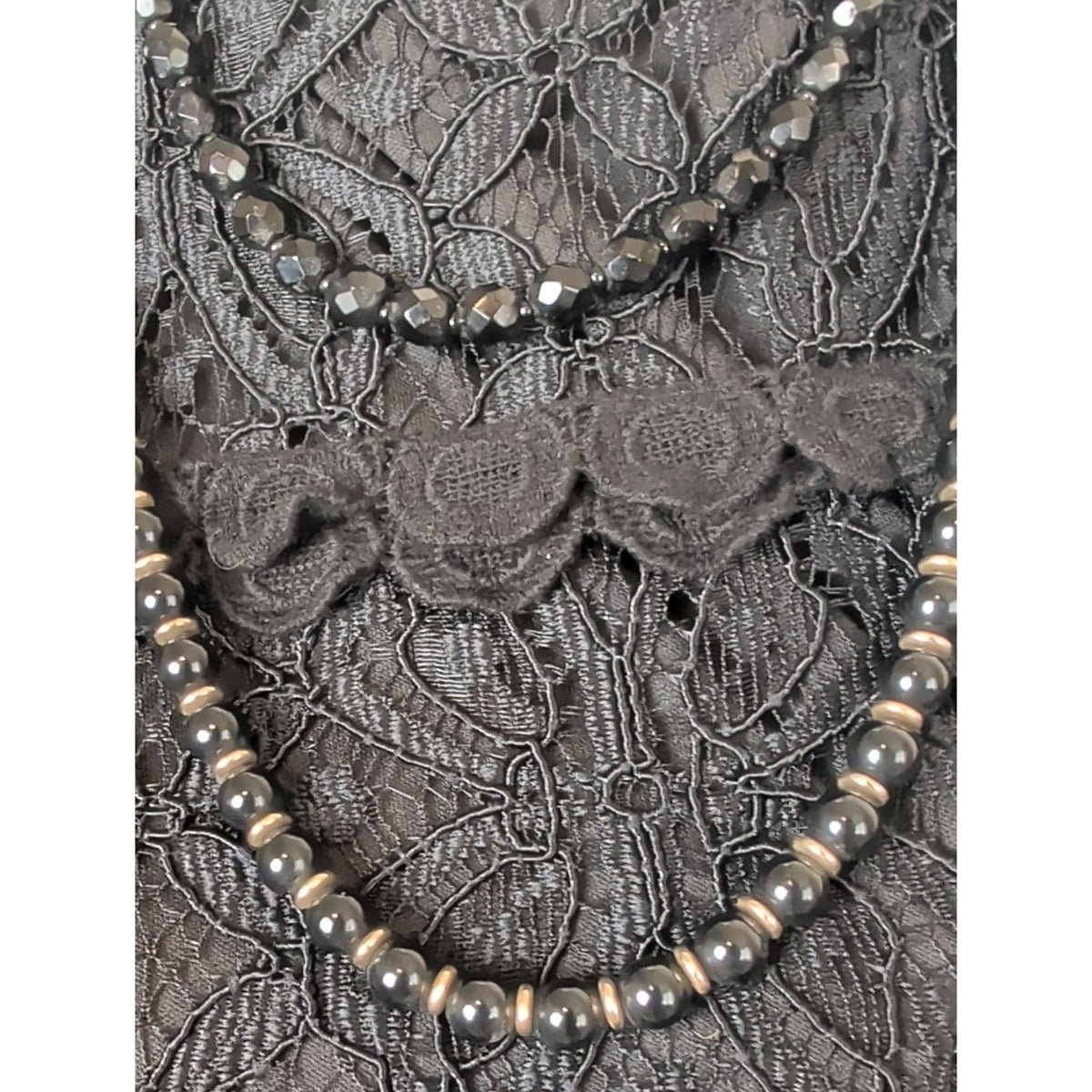 Curated Vintage Black Glass Layering Necklace Set 2 Double Strand Romantic Goth