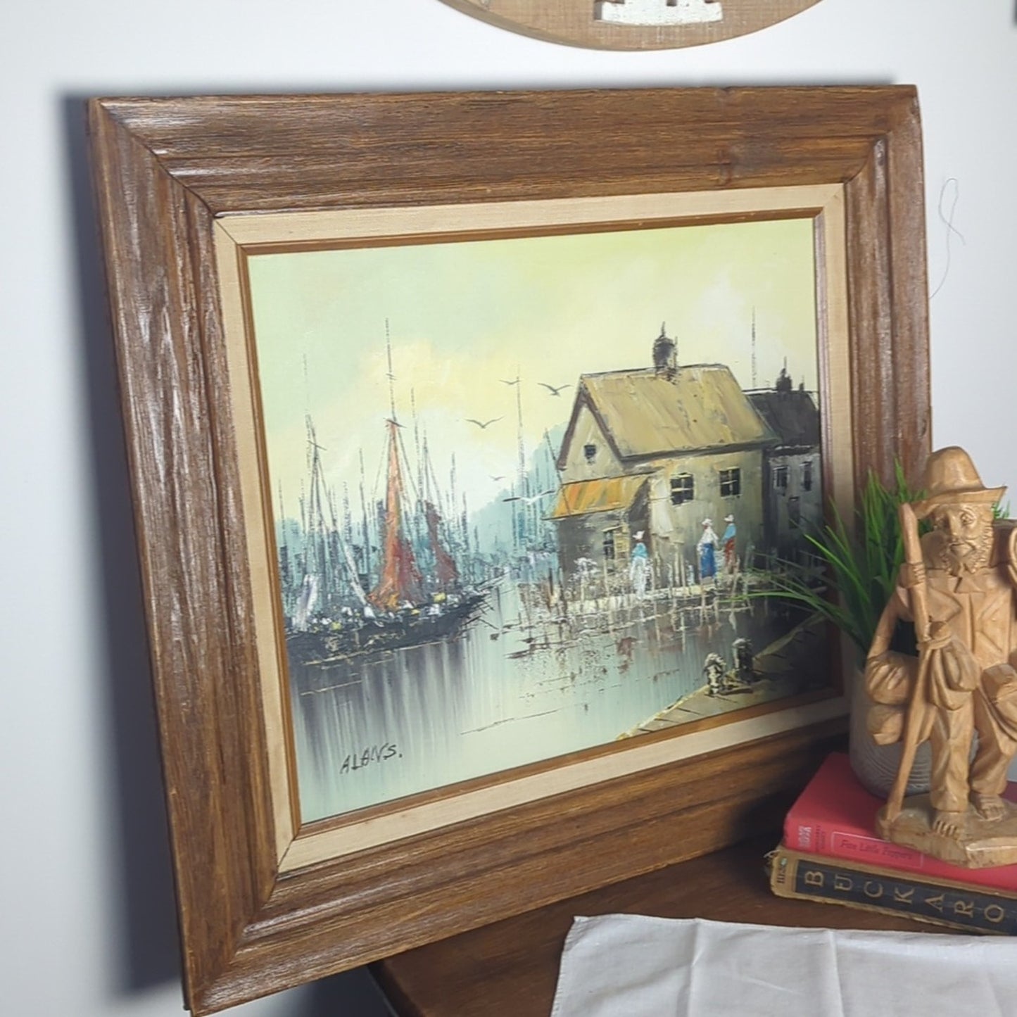 Vintage Harbor Village Oil Painting on Canvas Signed Framed Coastal European