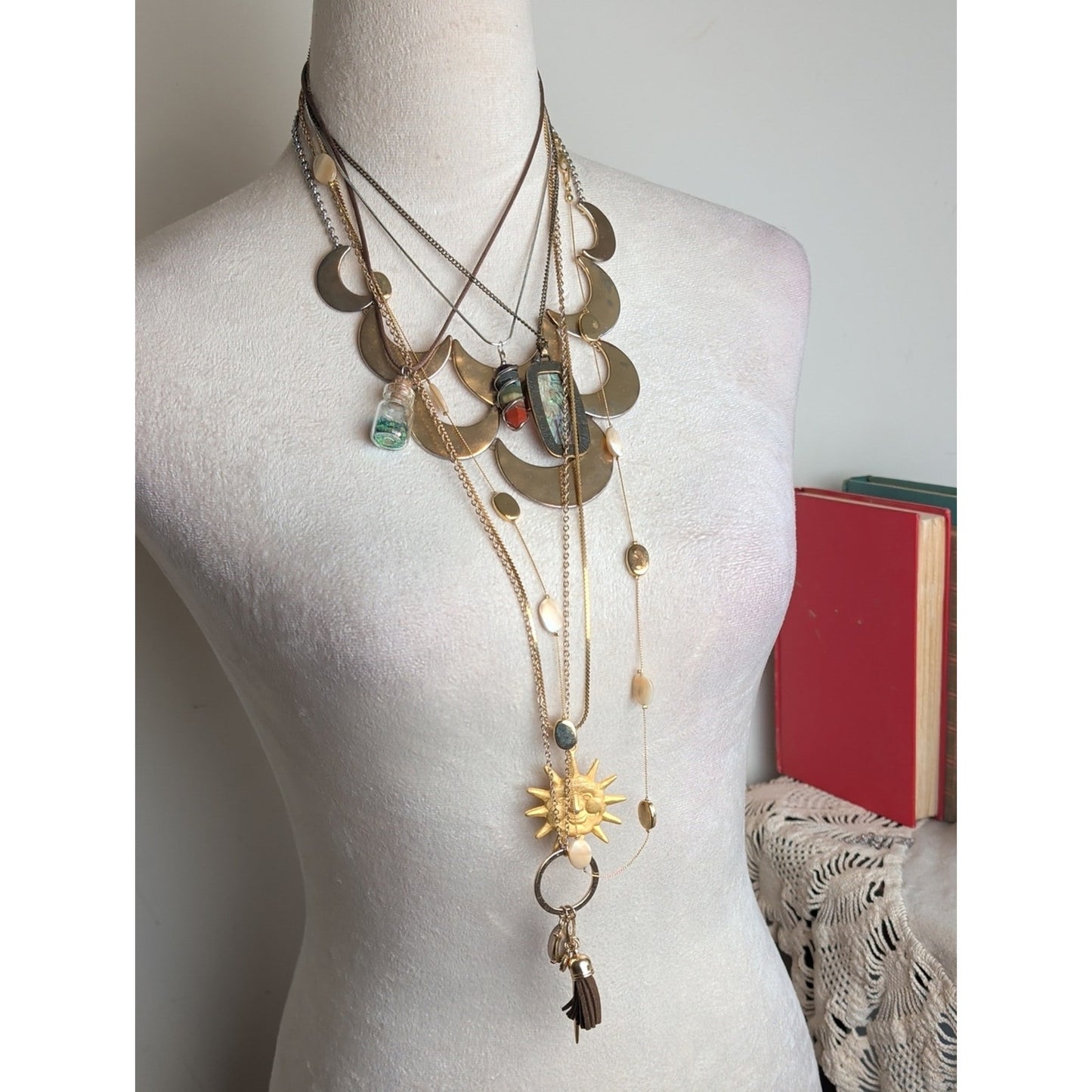 7 Celestial Boho Necklace Bundle Moon Sun Face Pendant Druzy Glass Festival