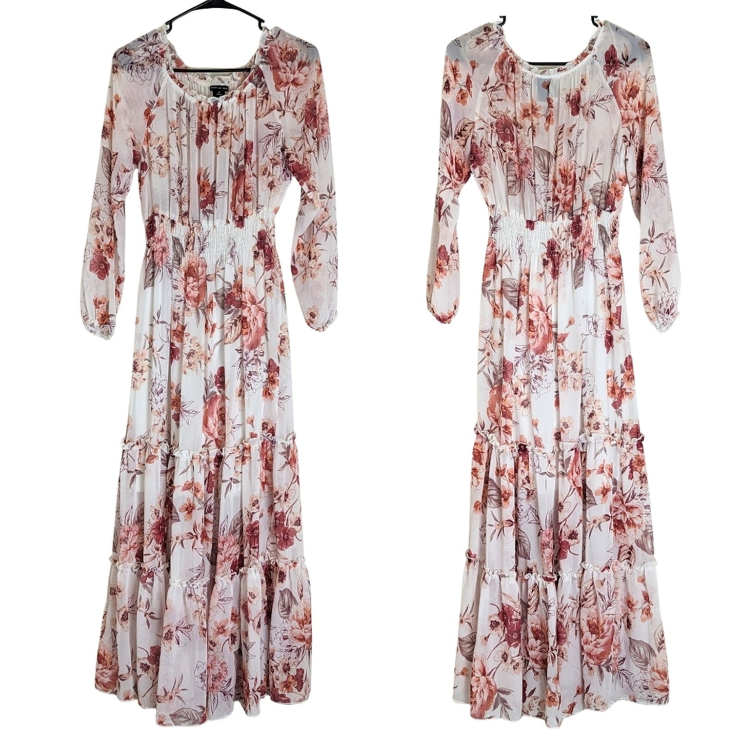 Maxi Floral Semi-Sheer Boho Chic Ruffled Smocked Dress Women's Size 6
