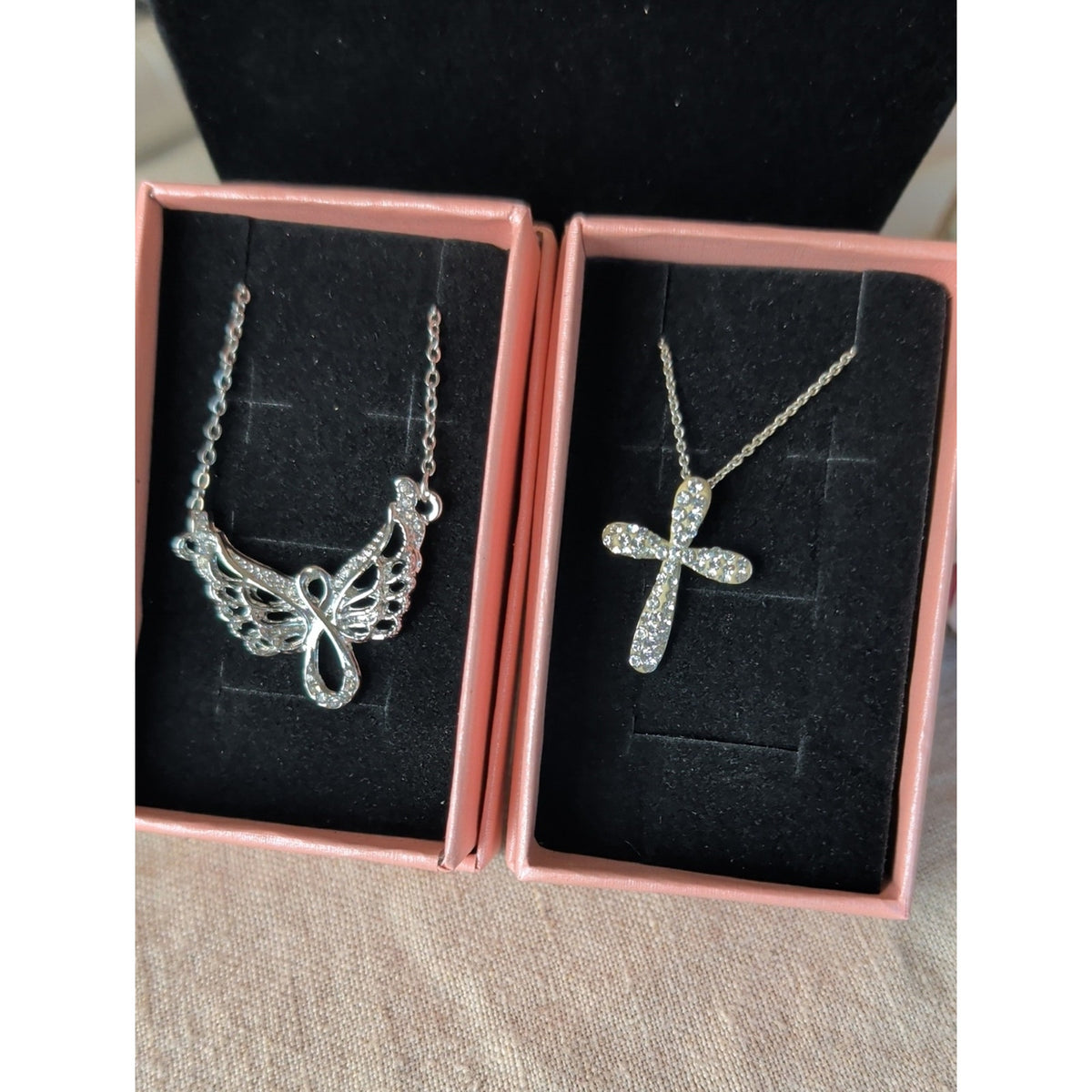 Vintage Silver Tone Angel Wings Crystal Cross Necklace Set Layered Y2K Celestial