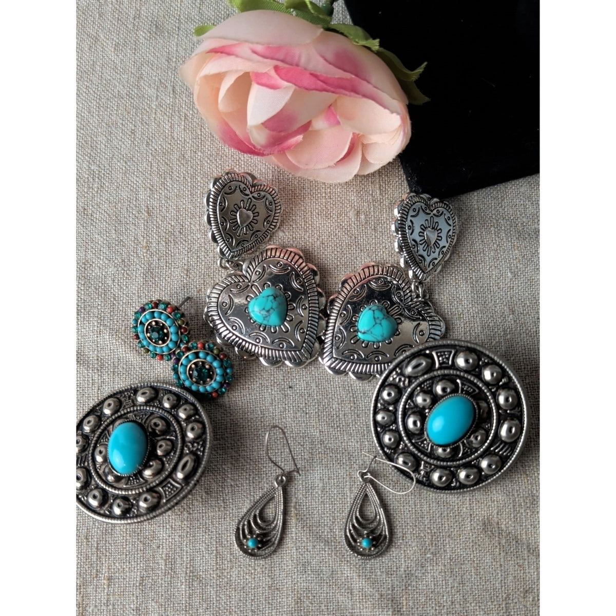 Southwestern Boho Earring Lot of 4 Pairs Turquoise Blue & Silver Tone