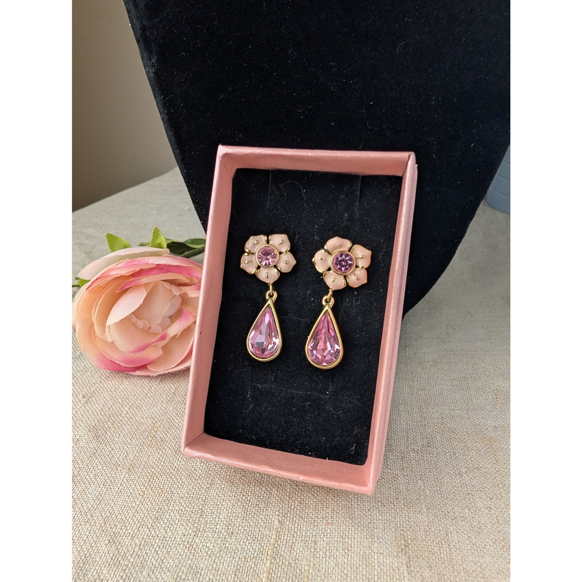 Vintage Trifari 1980s Pink Enamel and Rhinestone Floral Drop Pierced Earrings