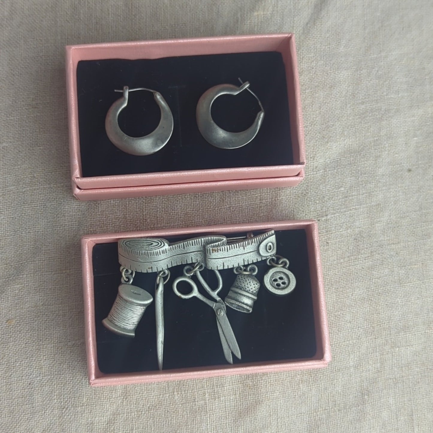 Vintage Sewing Motif Pin & Pewter Hoop Earrings Curated Maker Set