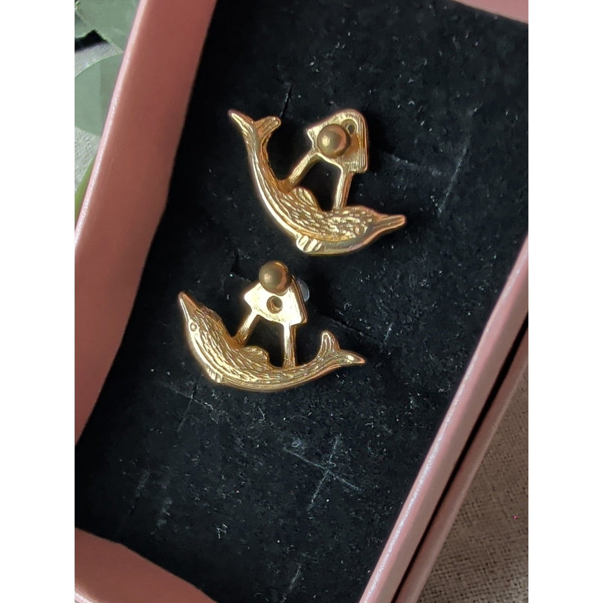 Vintage Gold Tone Dolphin Earrings Adjustable Multi Position Post Nautical