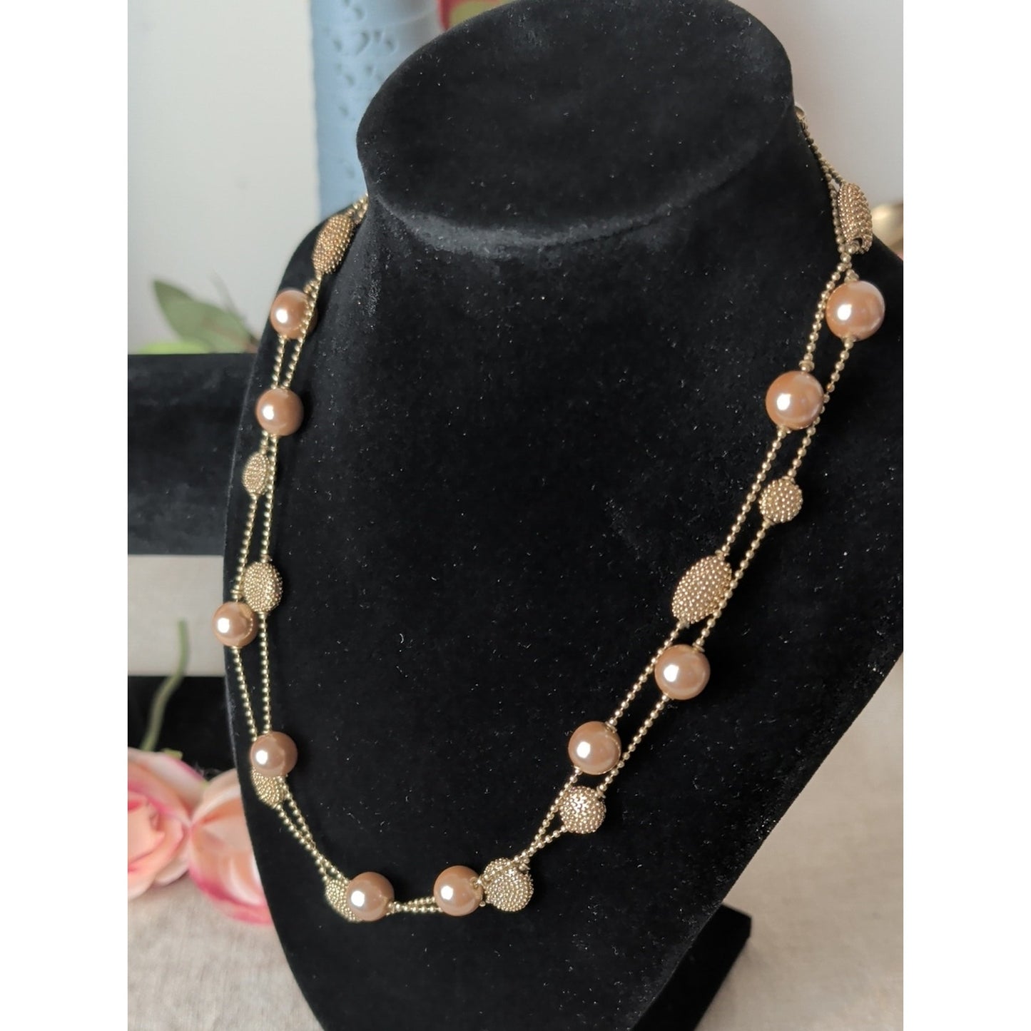 Vintage Kiam Family Gold and Champagne Faux Pearl Bead Layered Necklace