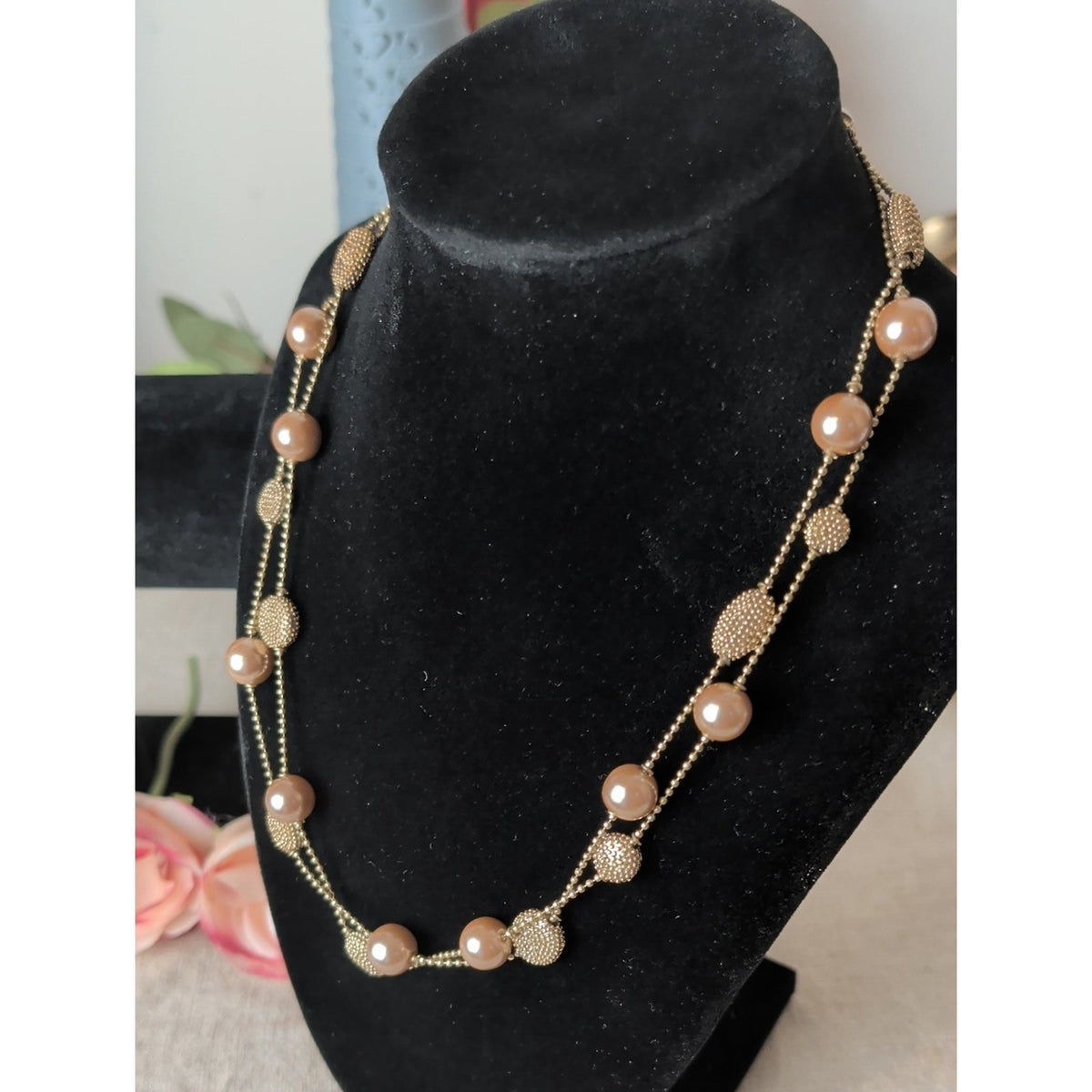 Vintage Kiam Family Gold and Champagne Faux Pearl Bead Layered Necklace