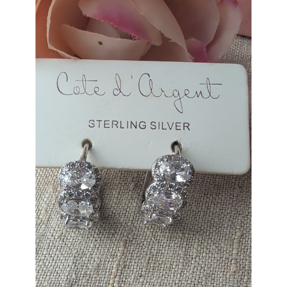 Côte d’Argent Sterling Silver CZ Huggie Hoop Earrings Vintage Bridal Sparkle