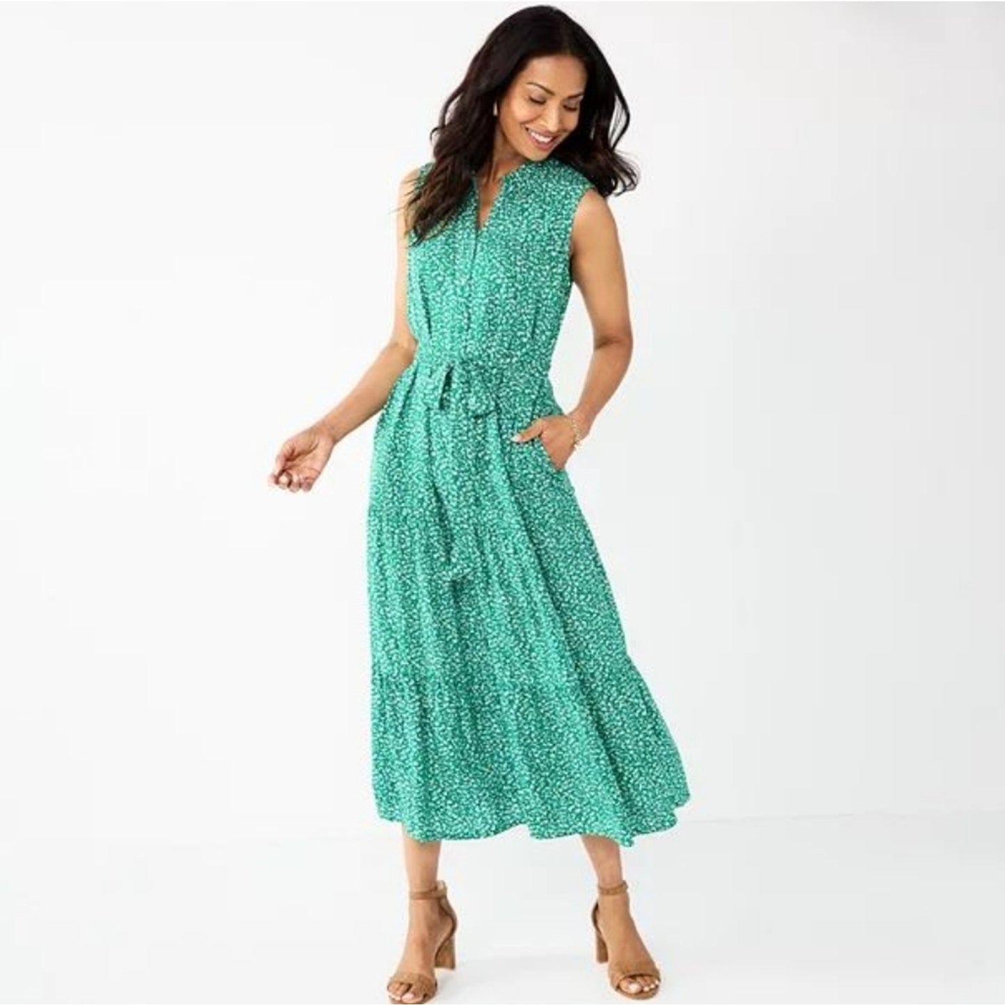 Kelly Green Floral Farmhouse Maxi Dress With Pockets and Belt Women's Size Small