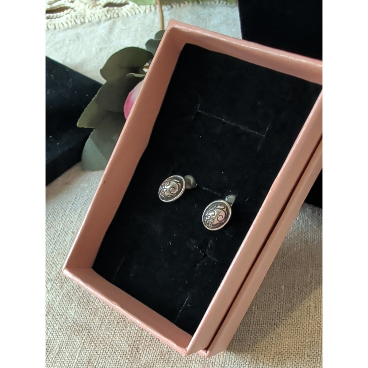 Vintage Sterling Silver Floral Post Earrings 925 Oval Scroll & Flower Studs