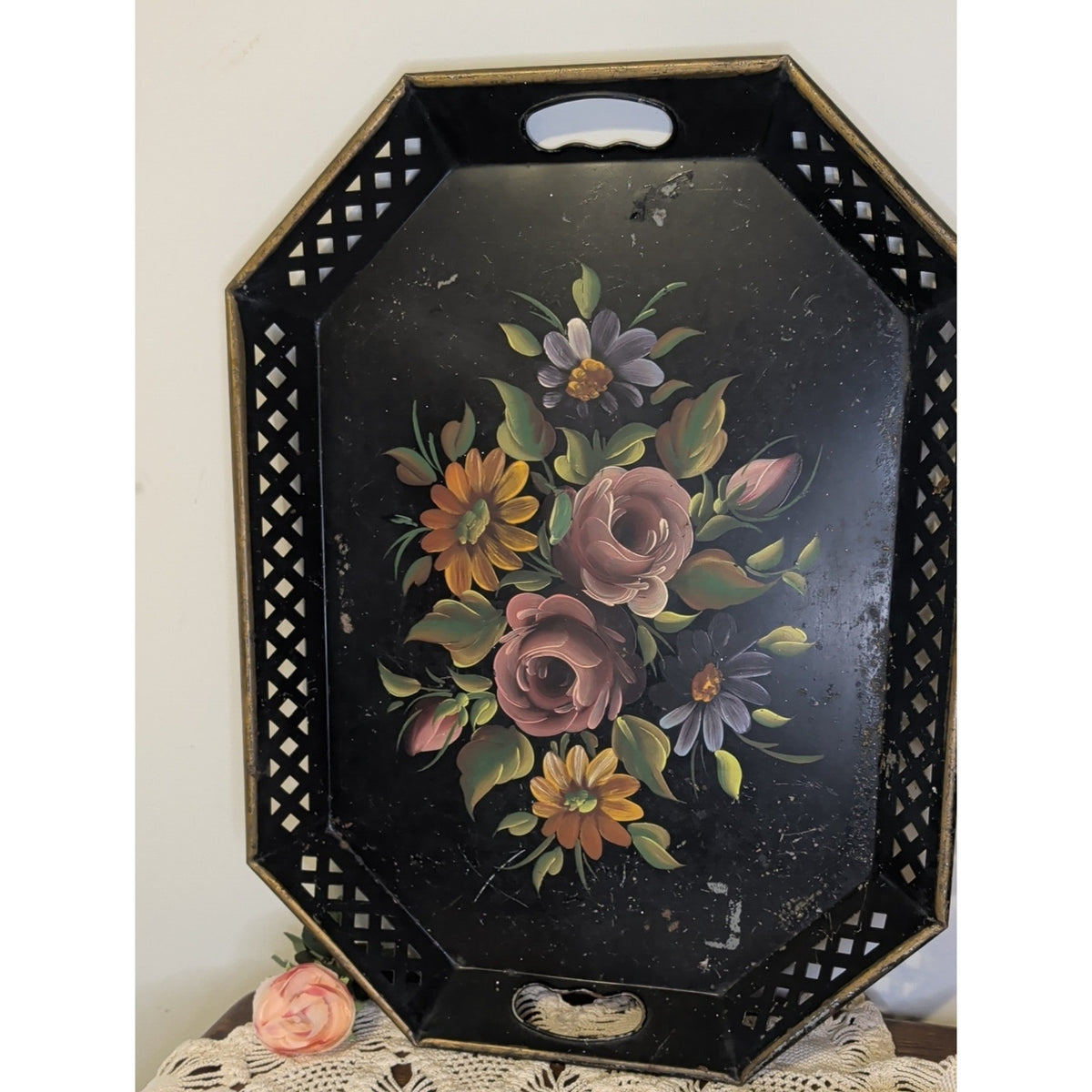 Vintage Tashco Hand Painted Toleware Tray 20” Floral Black Metal Pierced Edge