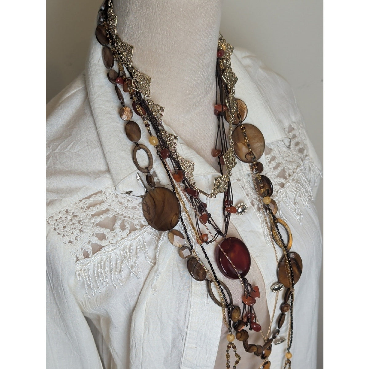 Curated Boho Luxe Necklace Collection 5 Layered Necklaces Agate, Shell, Glass