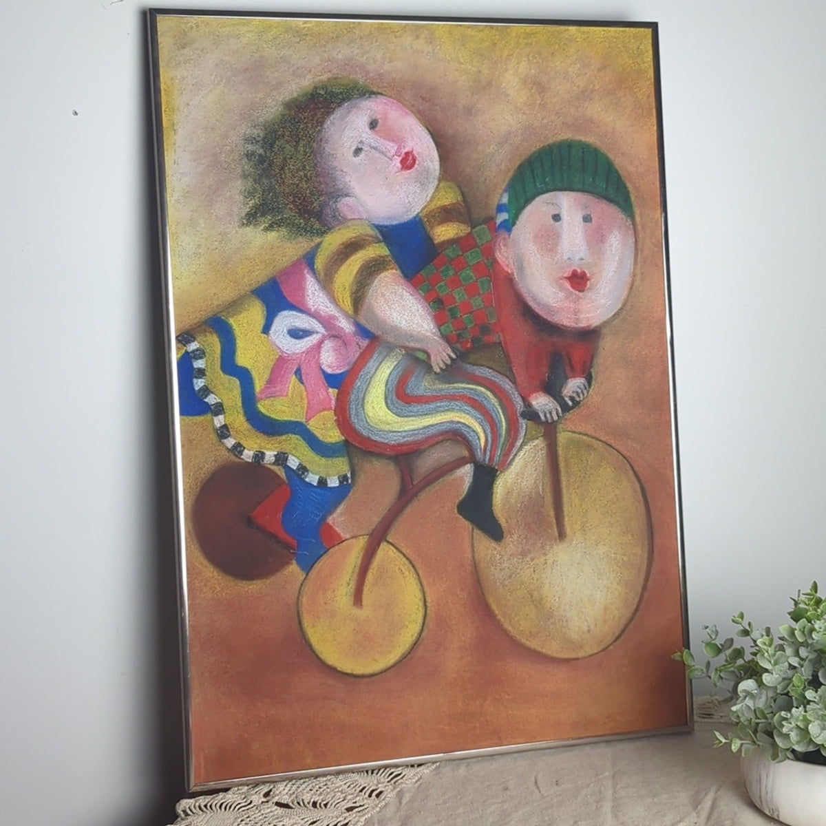 Large Textured Folk Art Painting Couple on Tricycle Whimsical Textured Art