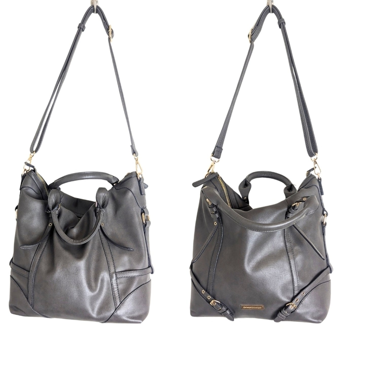 Vegan Leather Shoulder Hobo Bag Tote Charcoal Grey Animal Print Interior