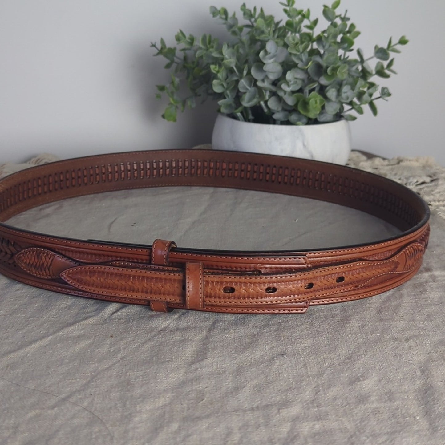 Vintage Braided Leather Belt Strap Size 40 Stamped Leather Western Belt Leather
