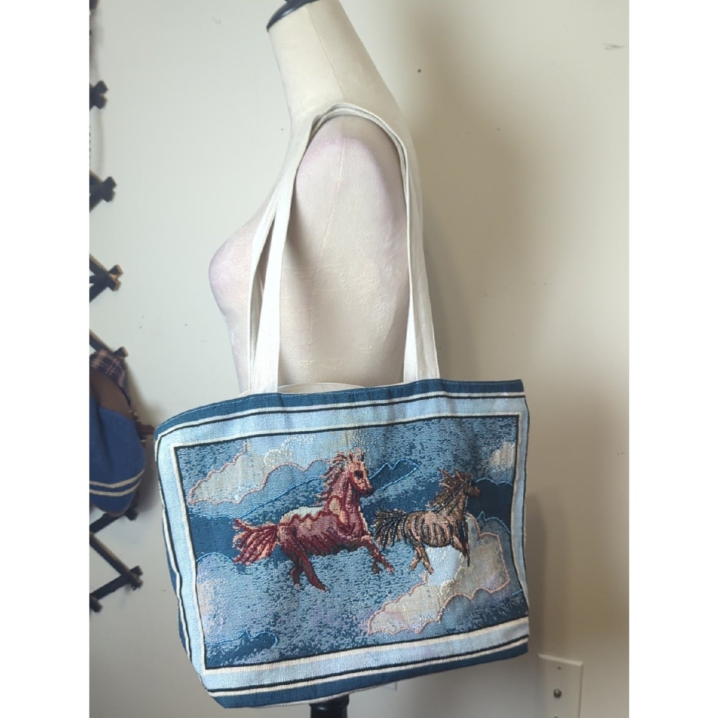 Vintage Horse Tapestry Tote Bag Woven Equestrian Scene With Clover Tote Charm
