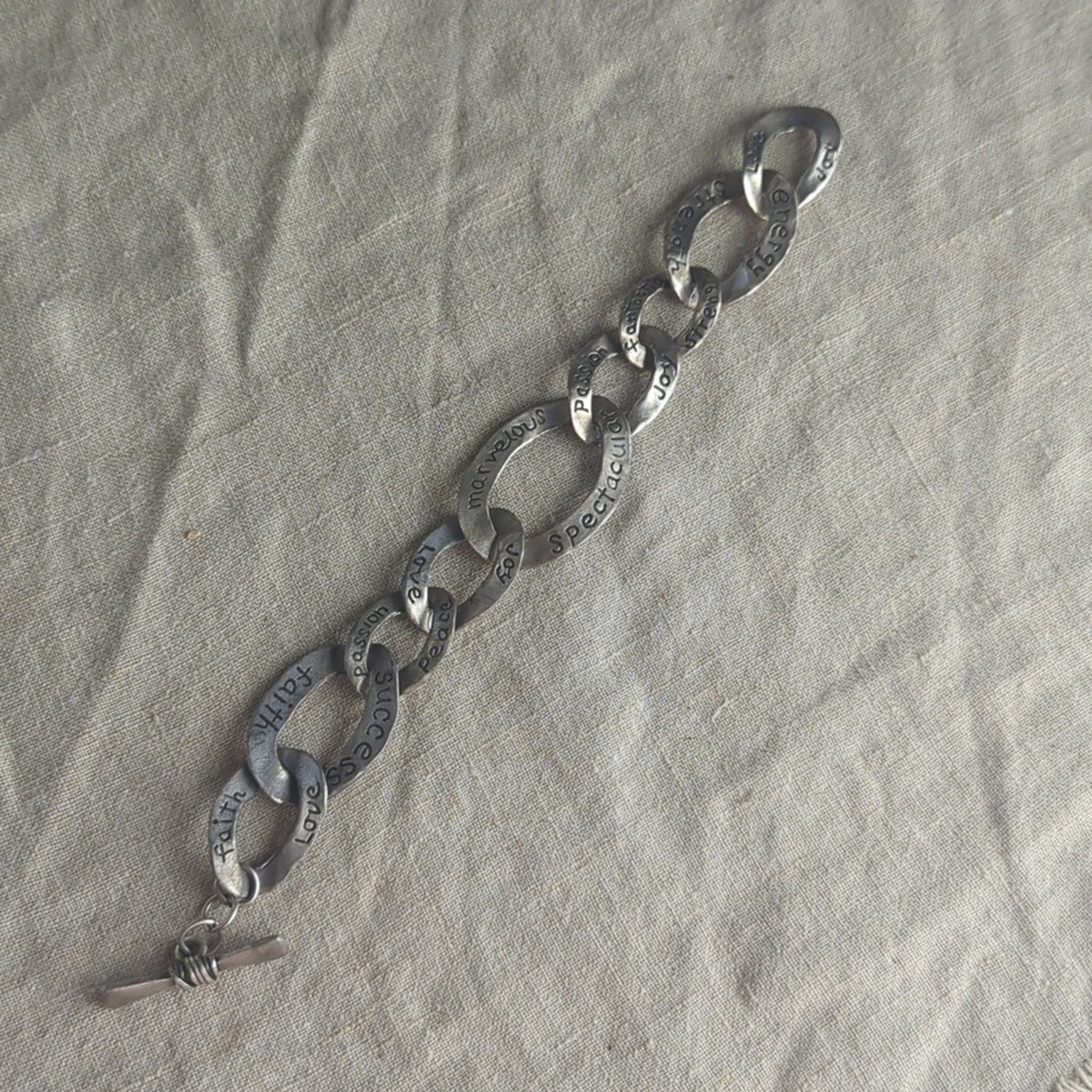 Vintage Pewter-Tone Inspirational Link Bracelet Hand-Stamped Word Jewelry Art