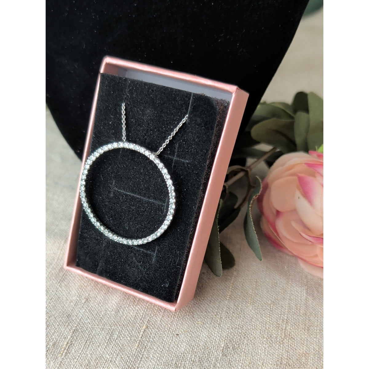 Sterling Silver CZ Circle Necklace 925 Pavé Eternity Karma Pendant Minimalist