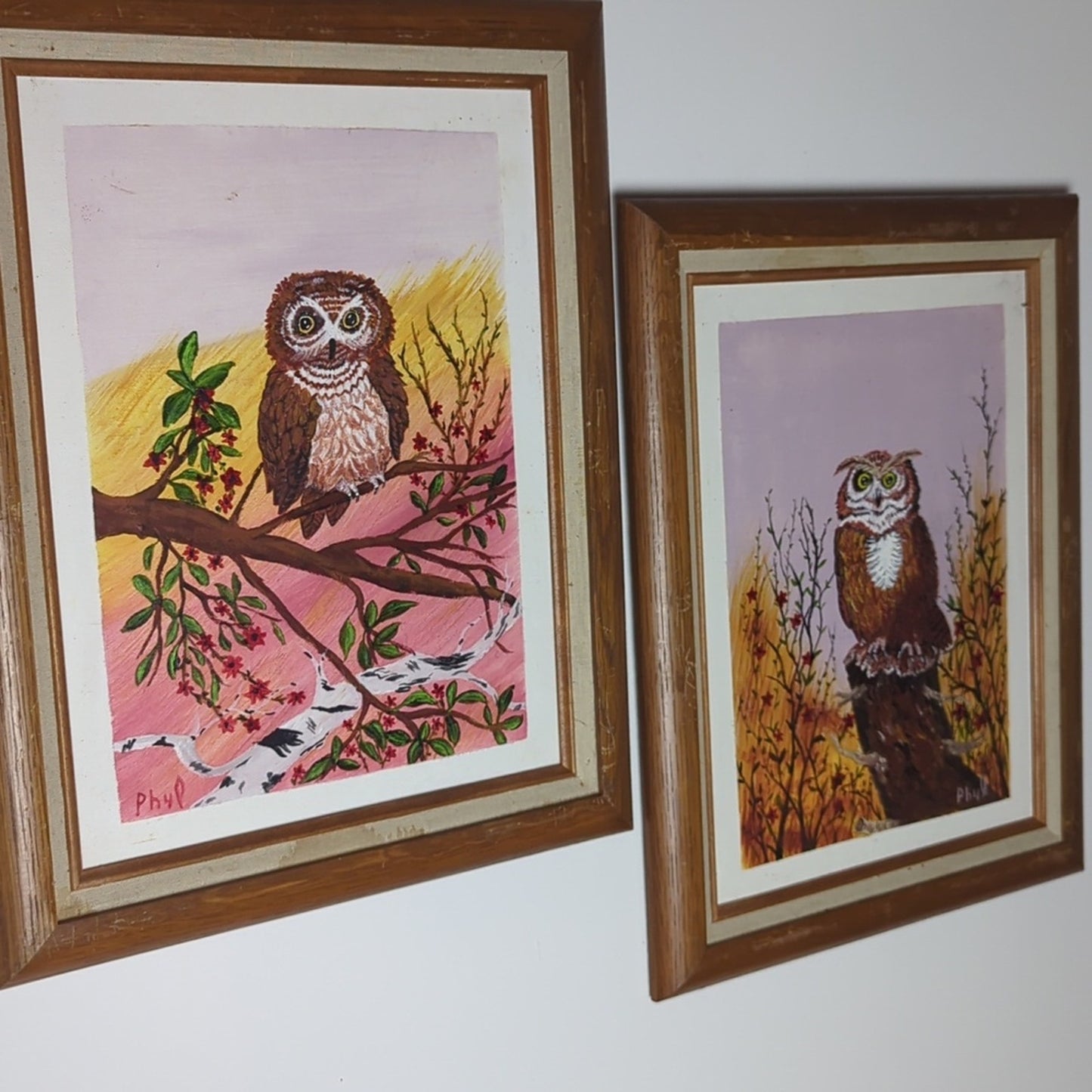 Vintage 1992 Owl Painting Set Papa & Mama Owl Acrylic Art Folk Woodland Cottage