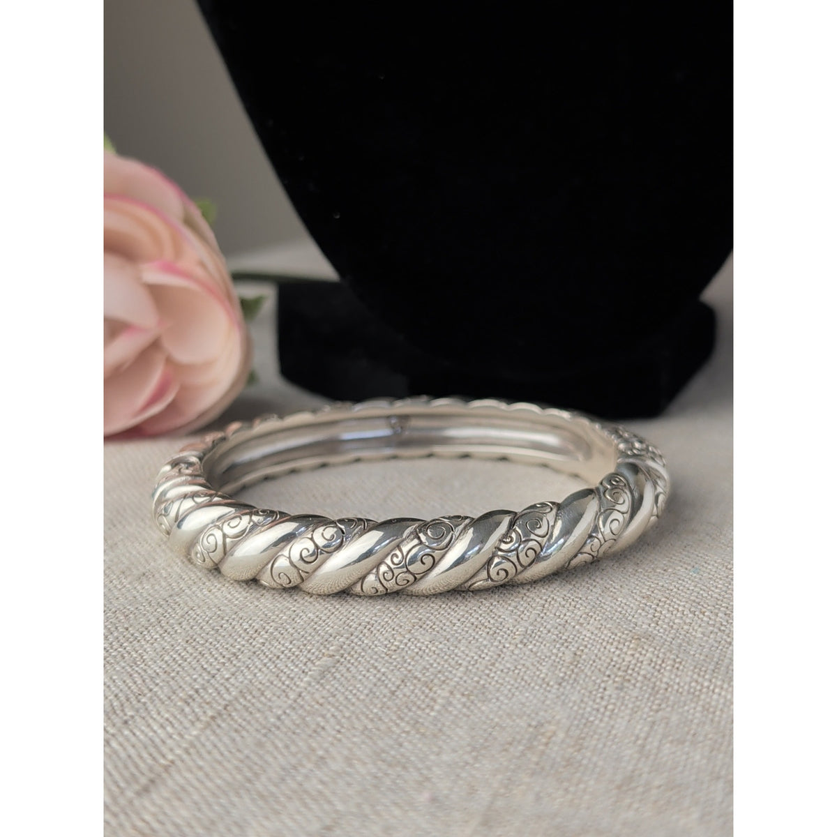 Brighton Twisted Rope Hinged Bangle Bracelet, Silver-Tone Scrollwork Magnetic Closure