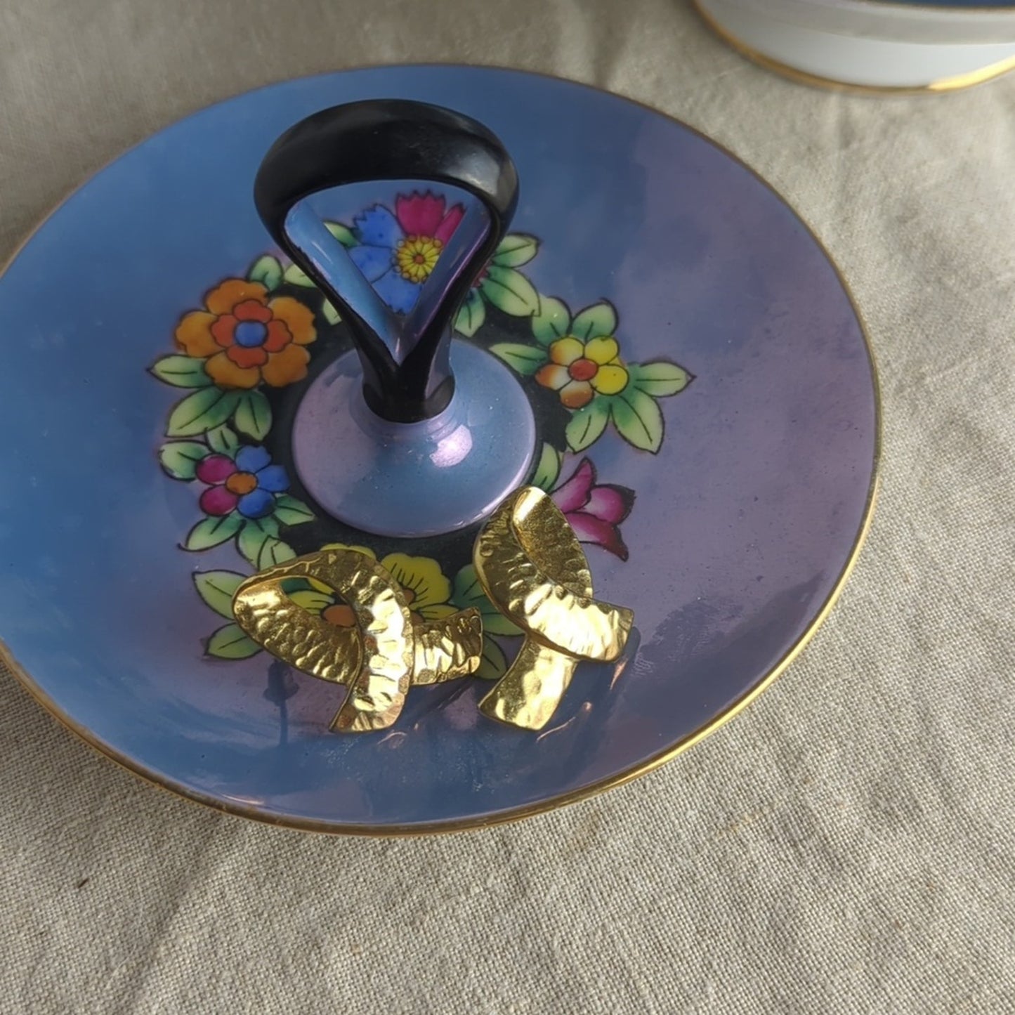 Vintage Noritake Hand Painted Dish Set Blue Floral Bowl & Handled Mini Platter