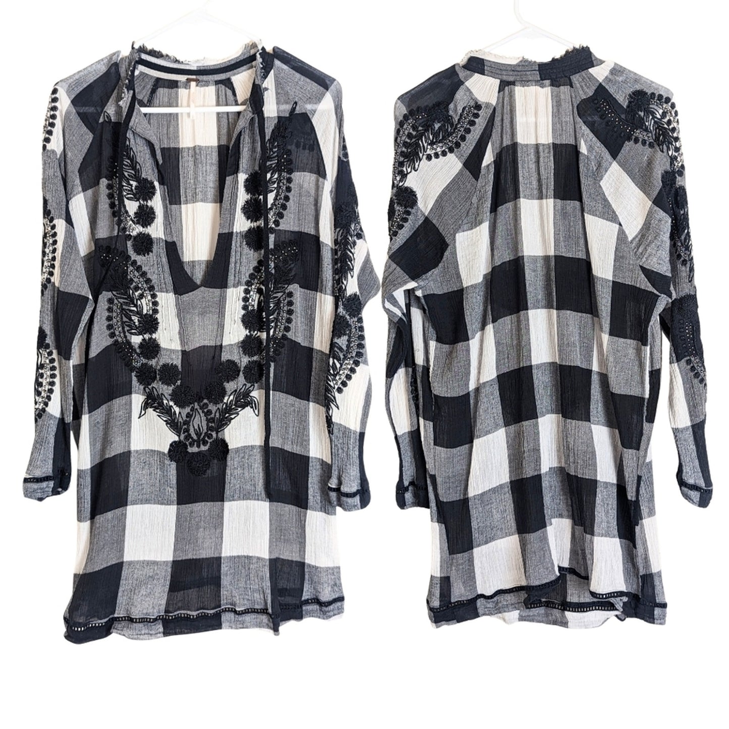 Free People Fall Festival Embroidered Jeweled Plaid Tunic Women's Size Small