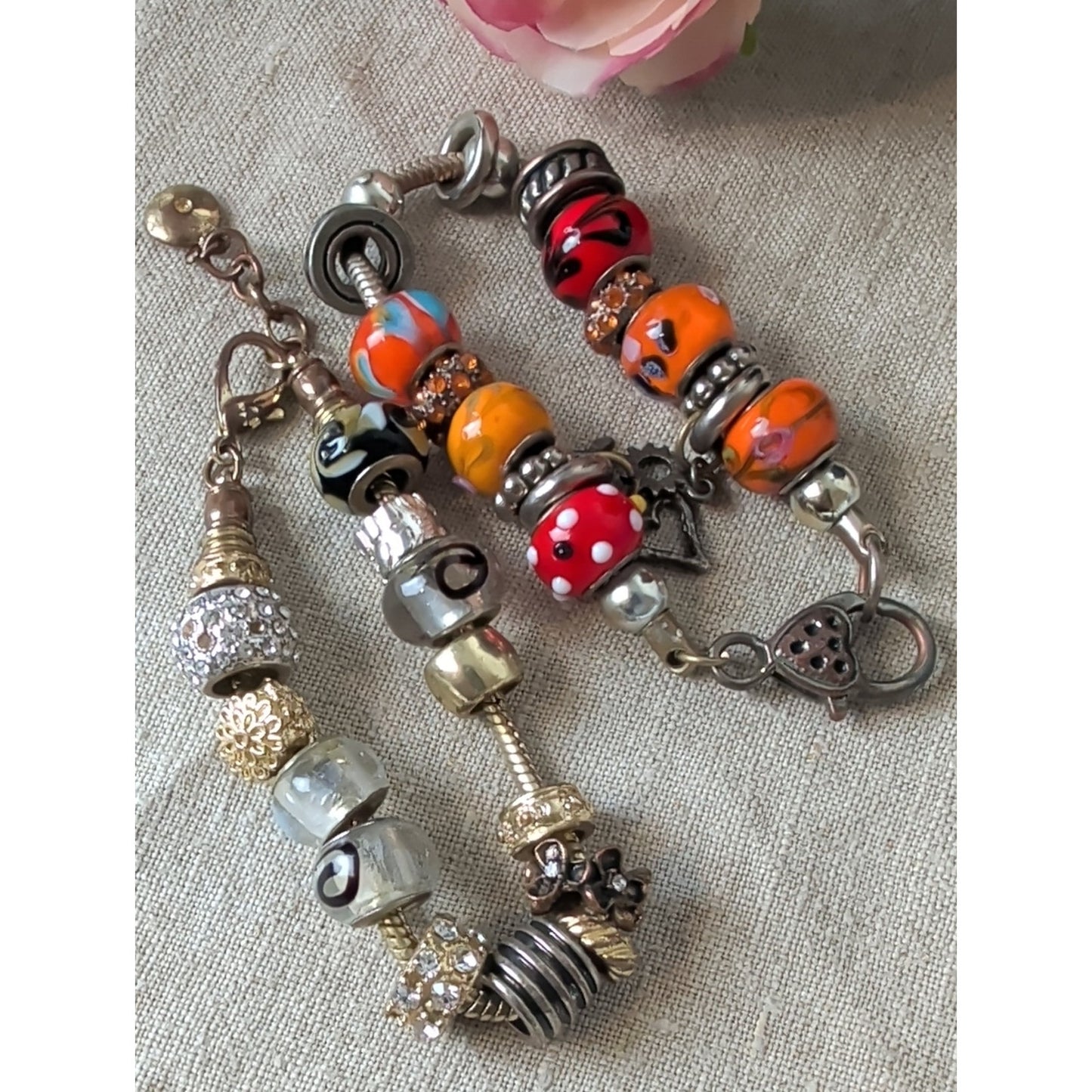 Y2K Colorful Glass Bead Charm Bracelets - Orange, Red, Gold, Clear