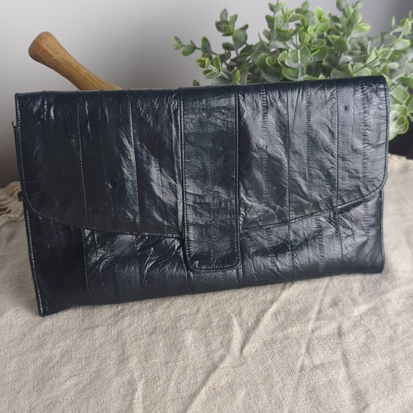 Vintage Black-ish Navy Skin Clutch Wallet | 80s Exotic Leather Evening Bag