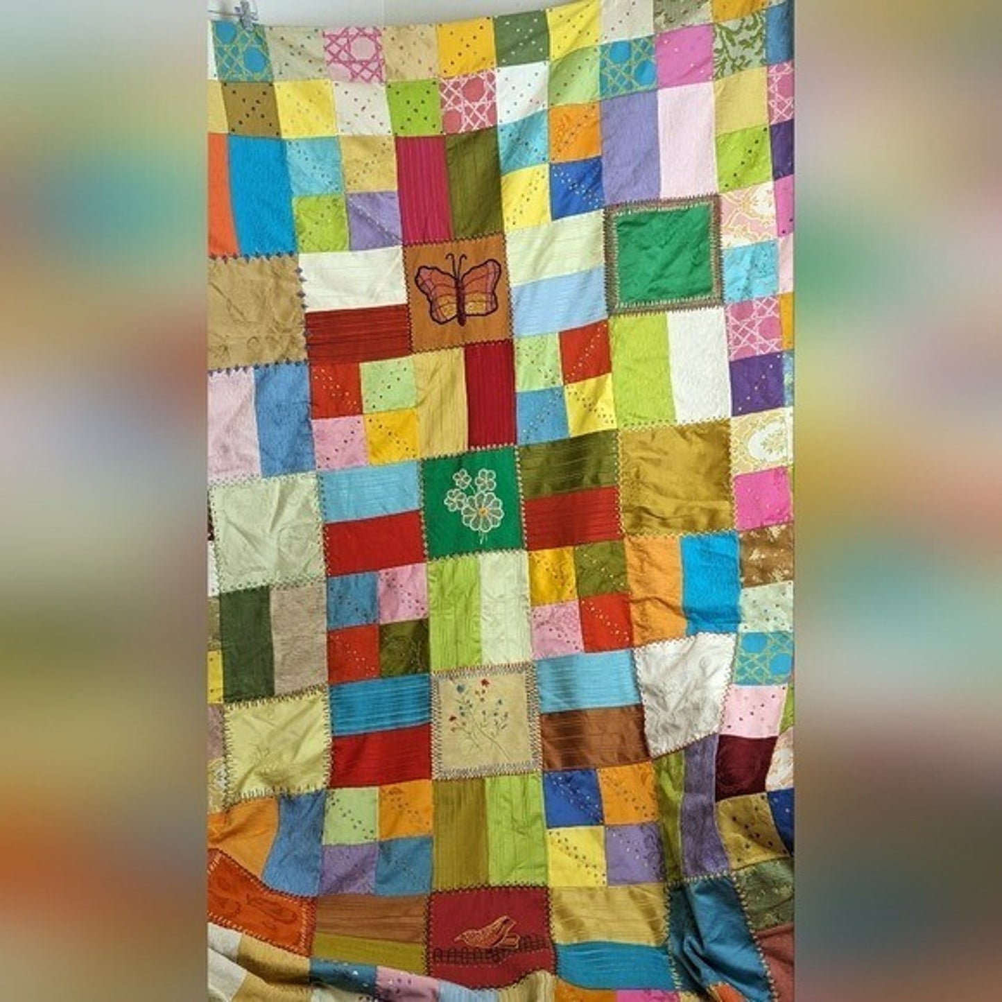 Crazy Quilt Large Rare Vintage Patchwork Quilt Embroidered Gold Satin Back 58x88