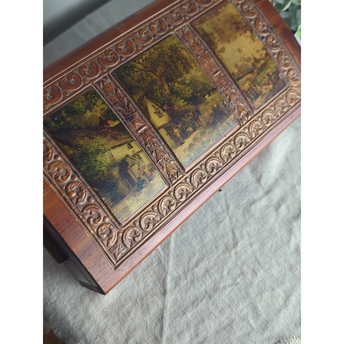 Vintage Carved Wood Keepsake Box | Storybook Cottage Jewelry Chest | Ornate Foot