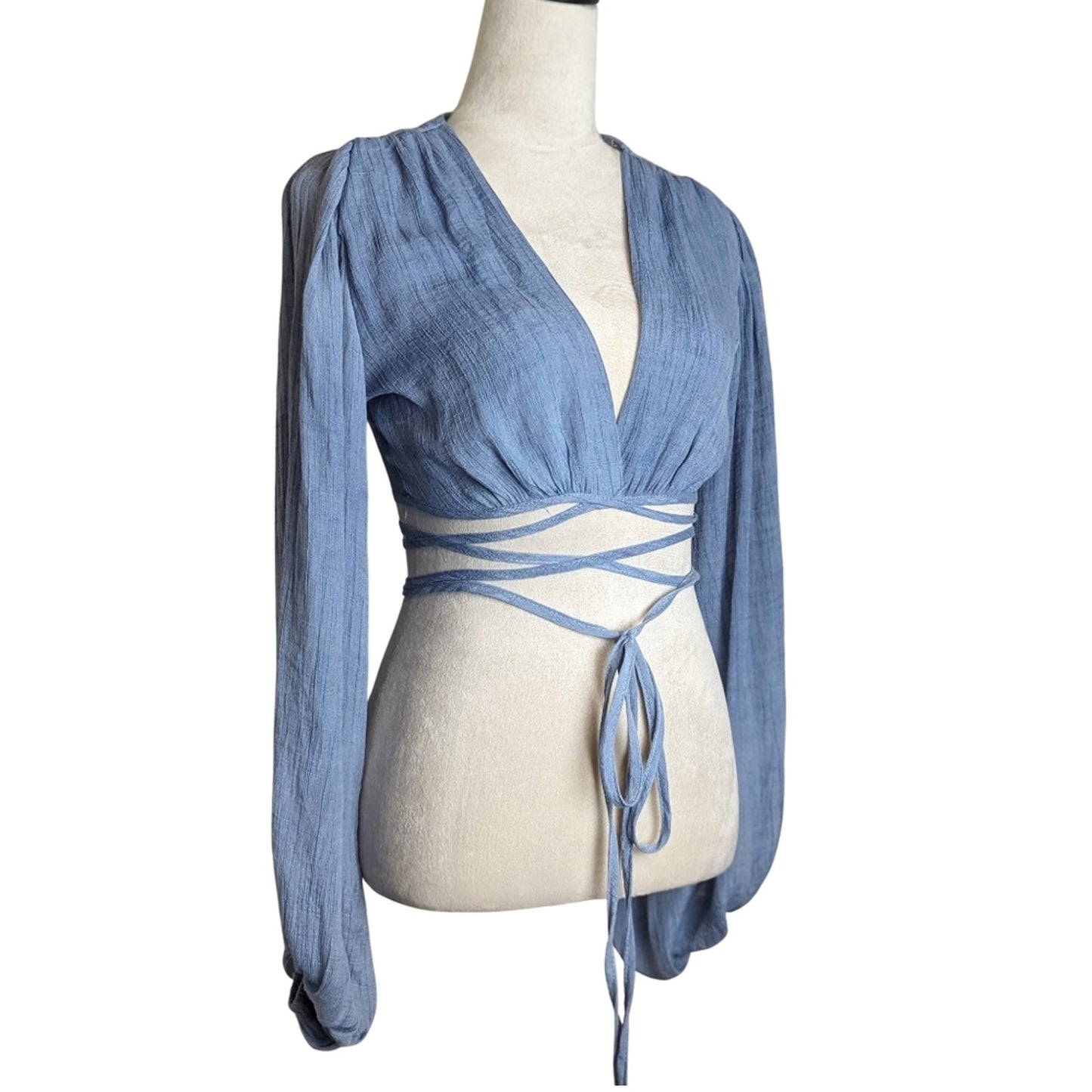 Festival Long Balloon Sleeve Wrap Crop Top Gauzy Knit Women's Size S