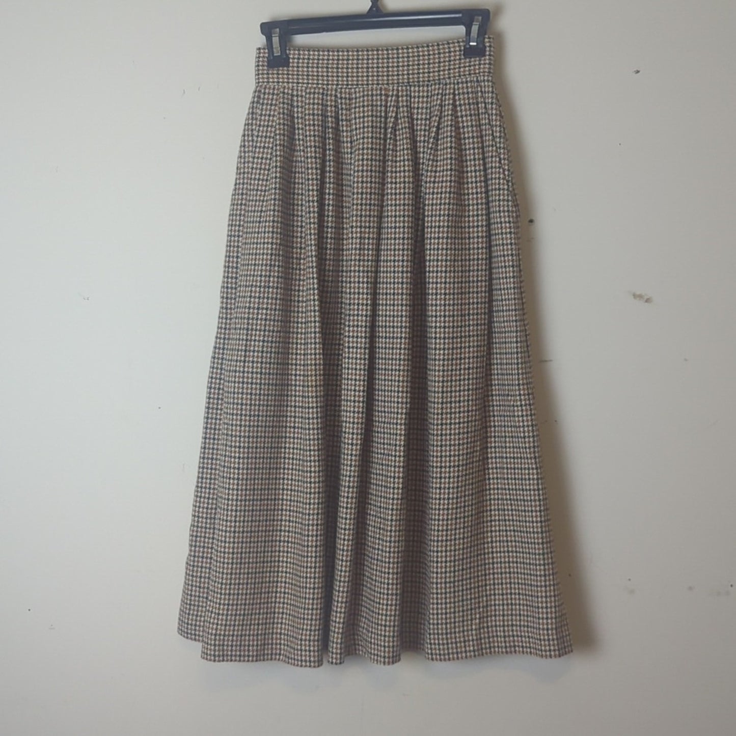 Vintage High Waisted Houndstooth A-Line Midi Skirt Wool Heritage Skirt XS