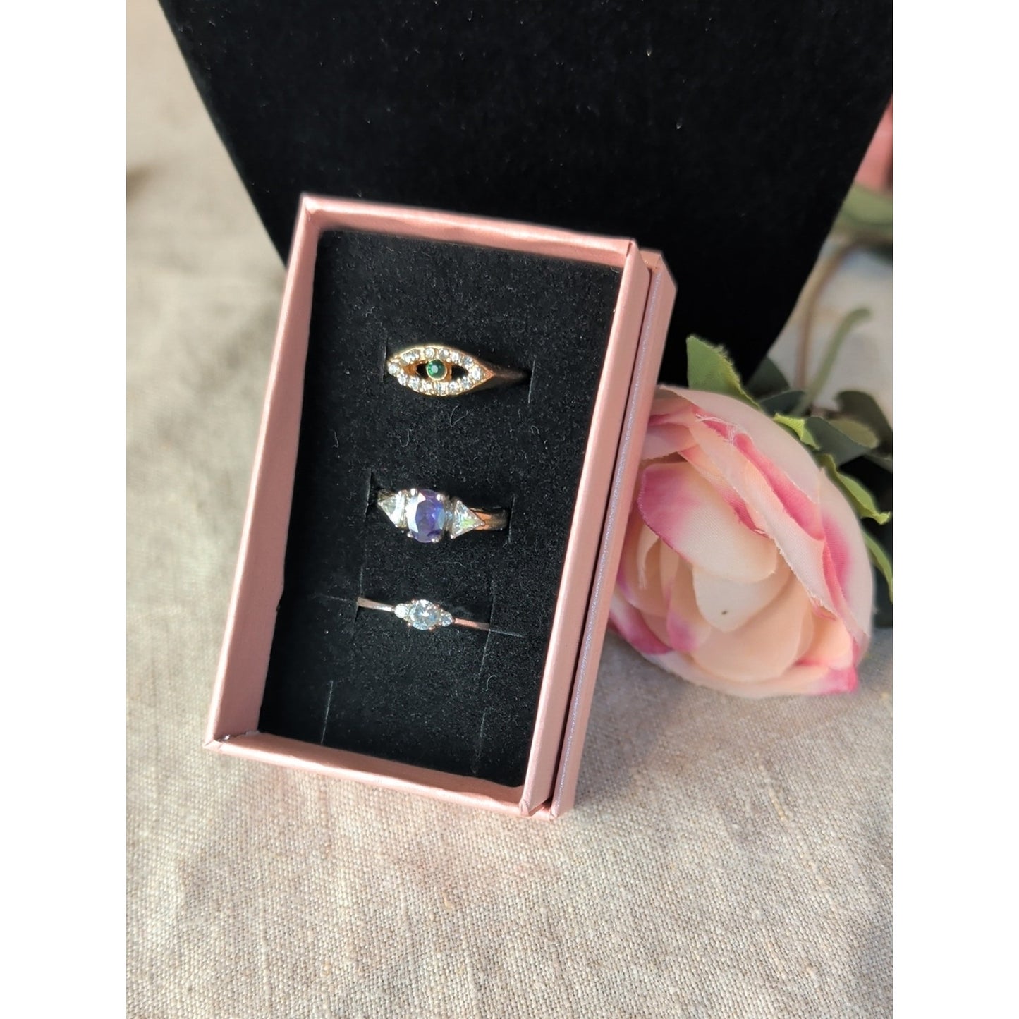 Rhinestone Ring Lot Evil Eye, Purple Statement & Solitaire