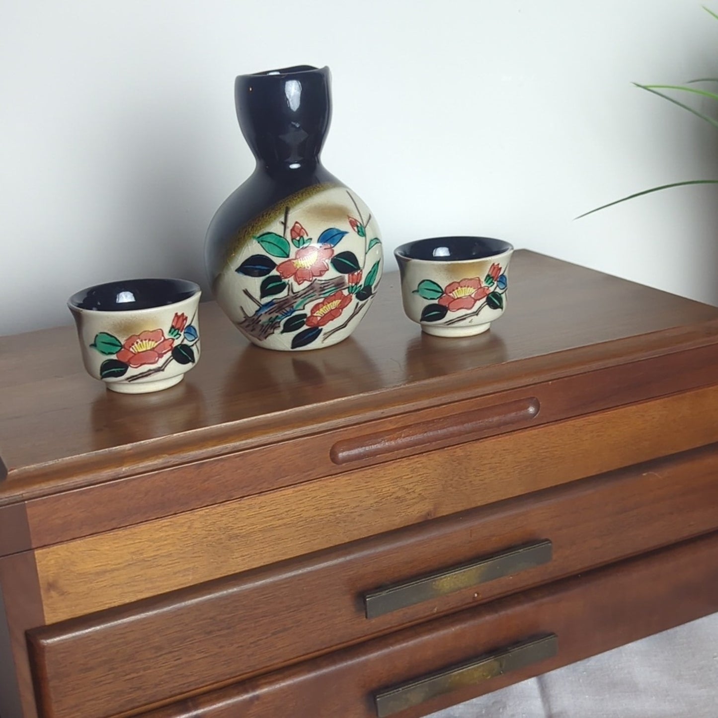 Vintage Japanese Sake Set | Hand Painted Tokkuri Bottle + 2 Ochoko Cups