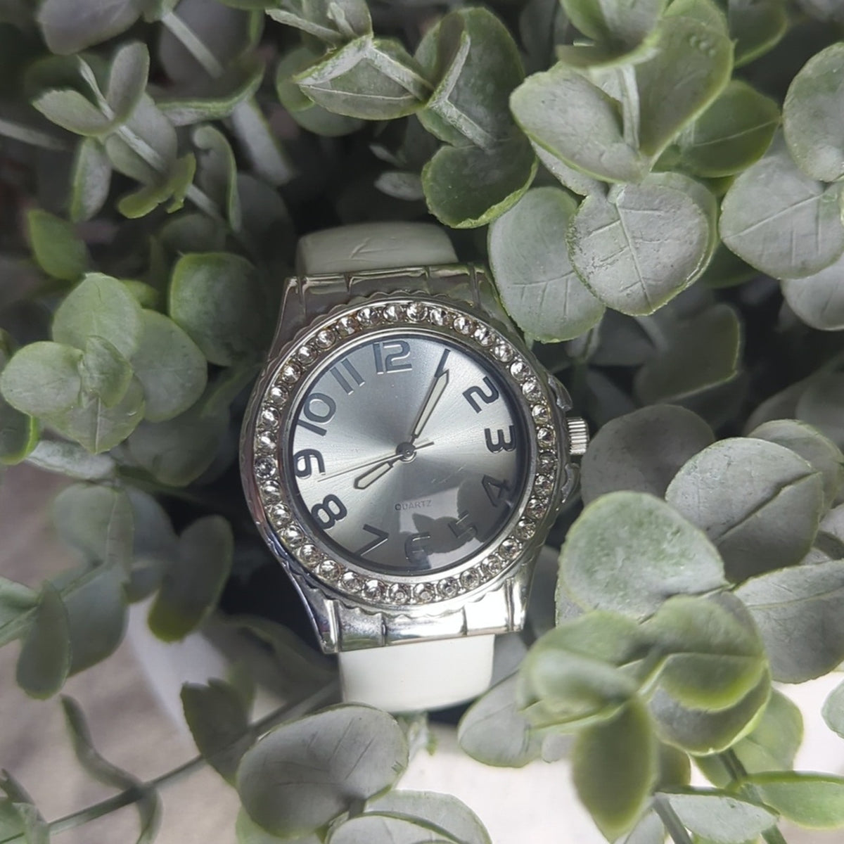 White Cuff Watch Rhinestone Bezel Statement Watch Oversized Face Fashion Watch
