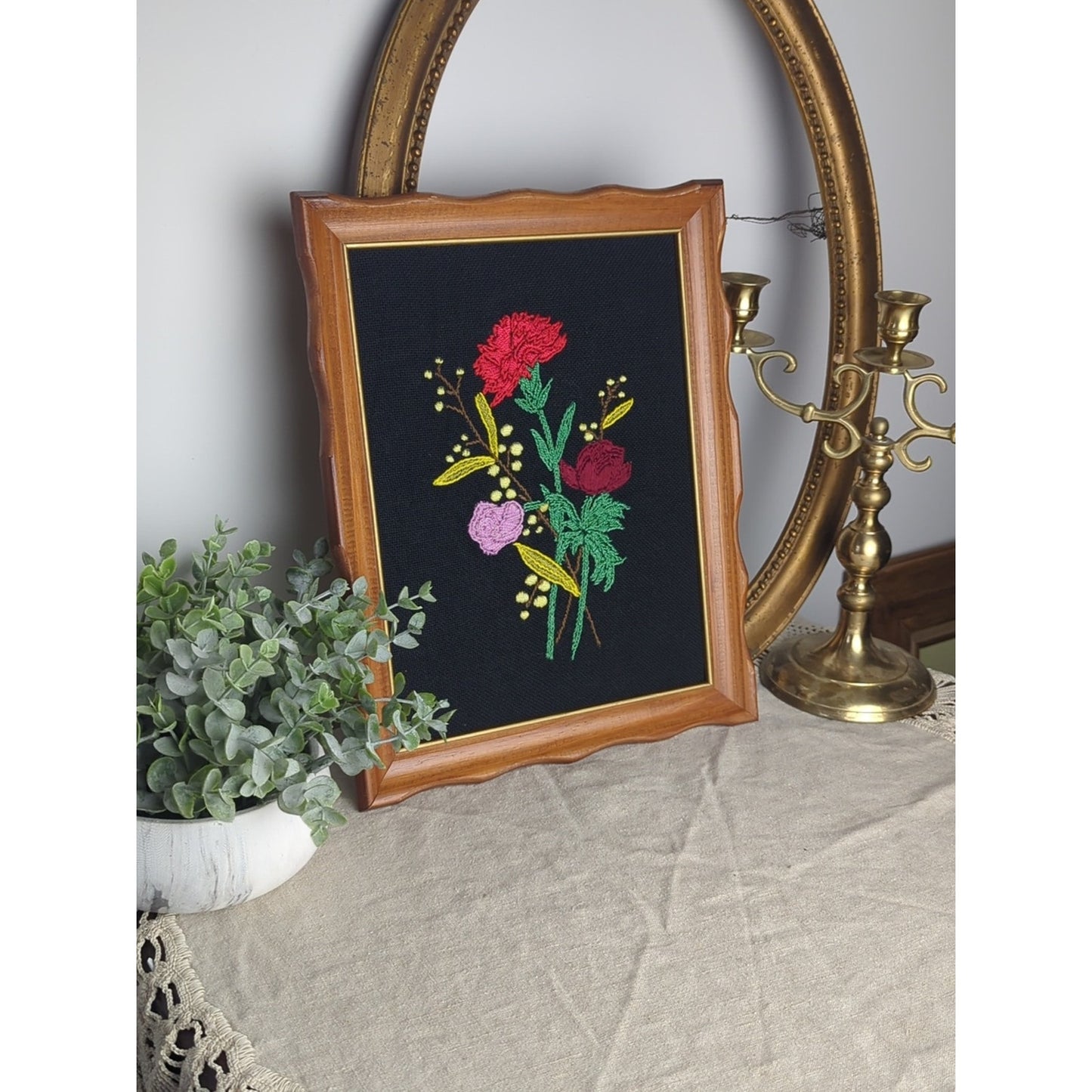 Vintage Floral Crewel Embroidery Framed Art, Romantic Cottage Wall Art