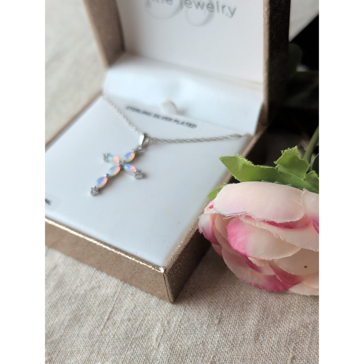 Brilliance Fine Jewelry Simulated Opal Cross Necklace Sterling Silver Plated
