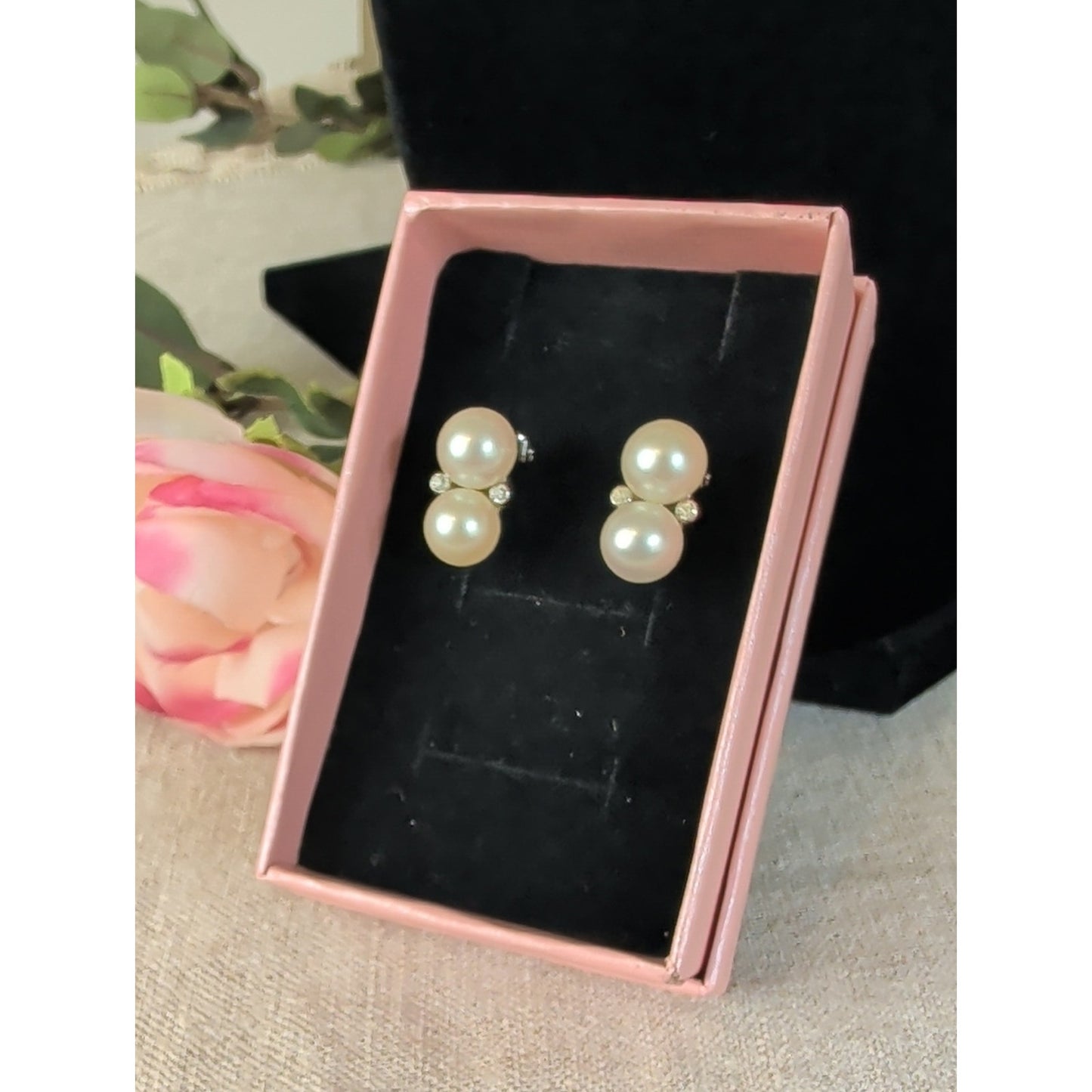 Vintage Panetta Double Faux Pearl Rhinestone Clip-On Earrings Signed