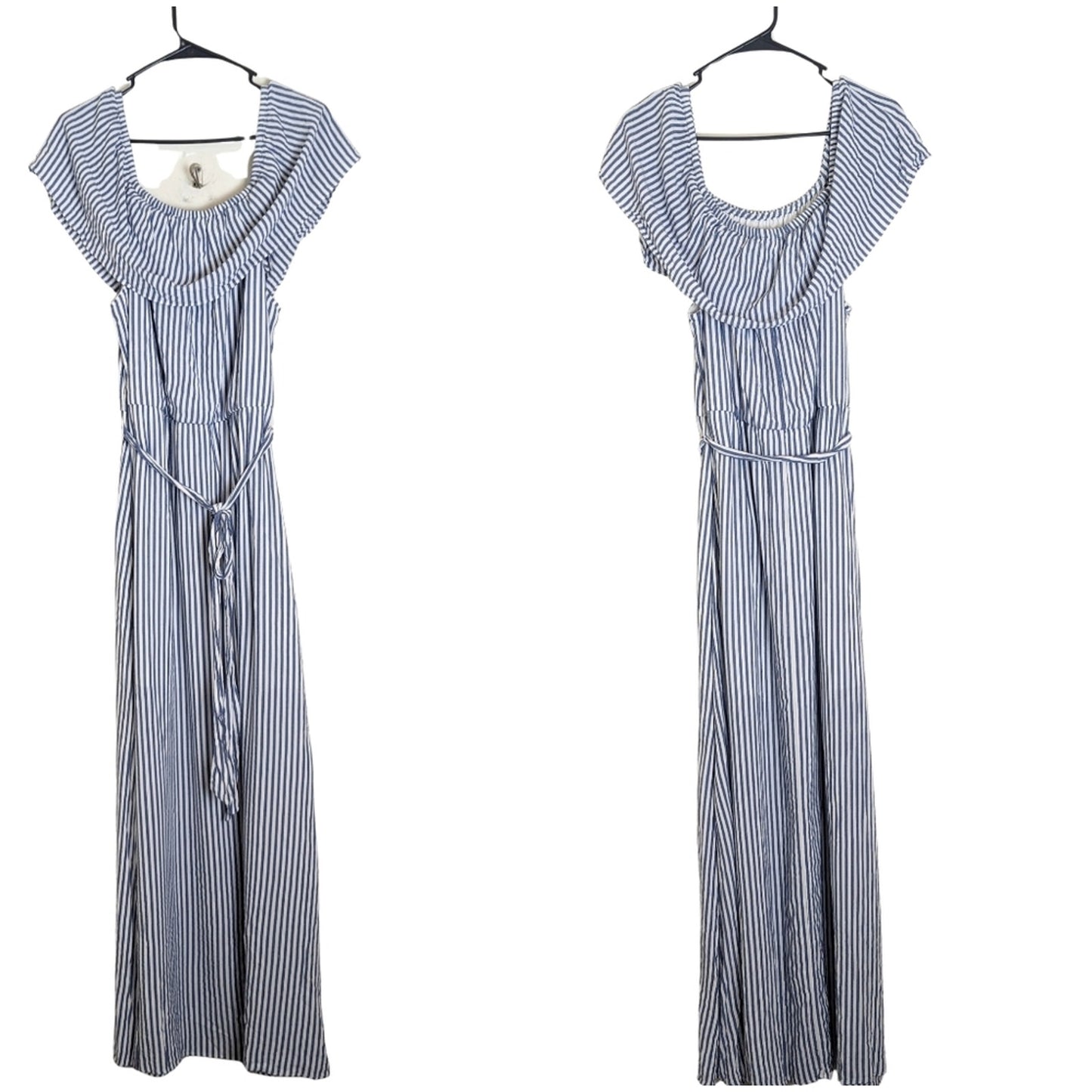 NWOT Beachy Nautical Off Shoulder Maxi Dress With Belt Women's Size Large