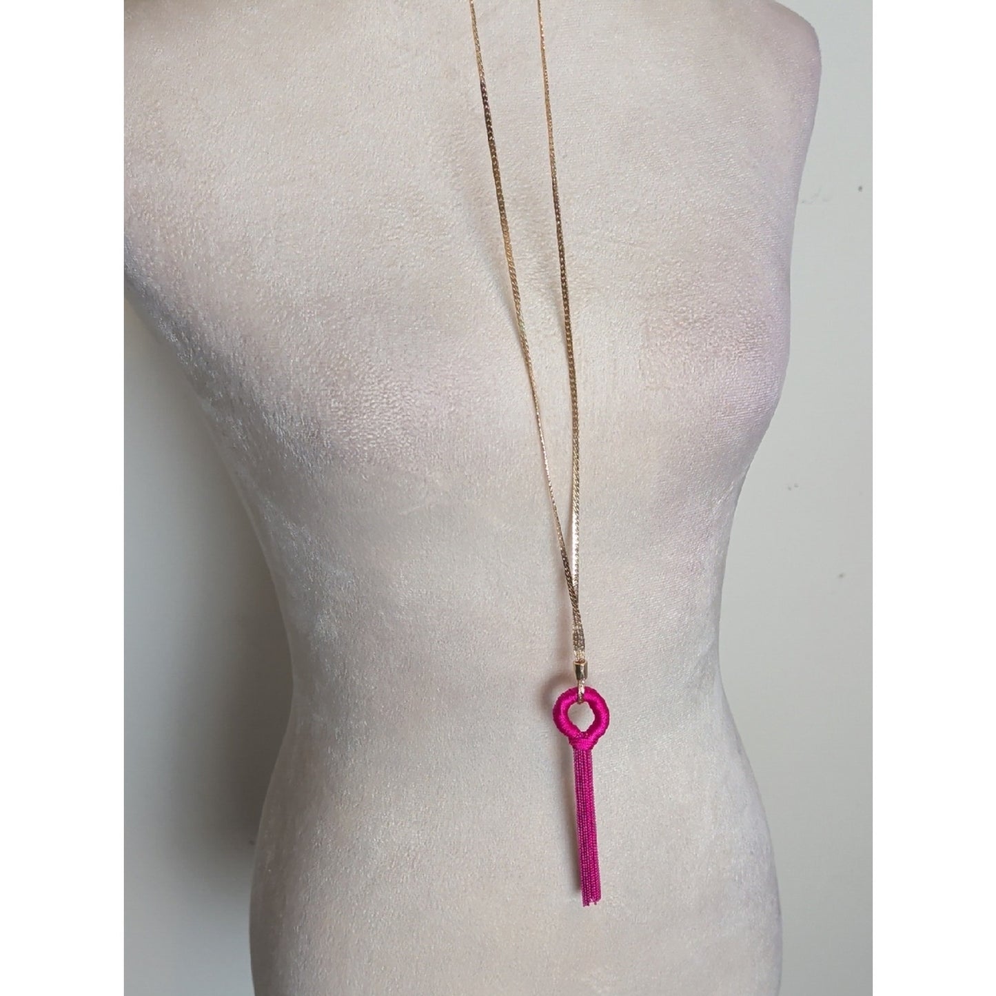 Y2K Hot Pink Tassel Necklace Barbiecore Long Pendant With Rhinestones