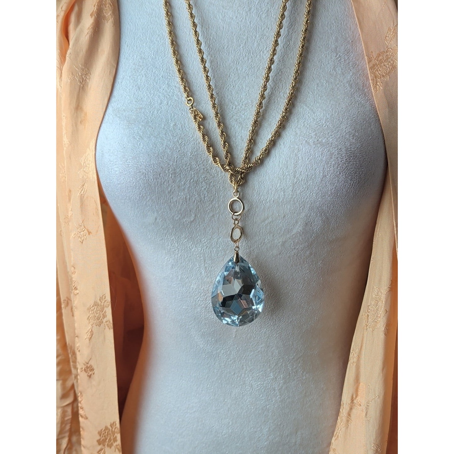 Vintage Monet Opera Length Necklace Oversized Clear Crystal Glass Pendant