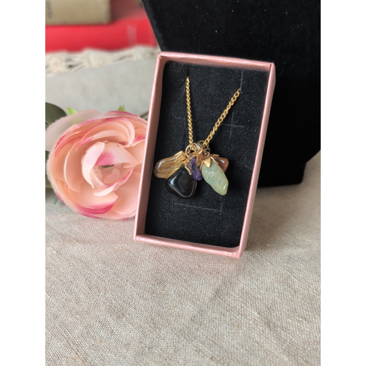 Genuine Mixed Gemstone Cluster Necklace Amethyst Tiger Eye Fairy Luxe