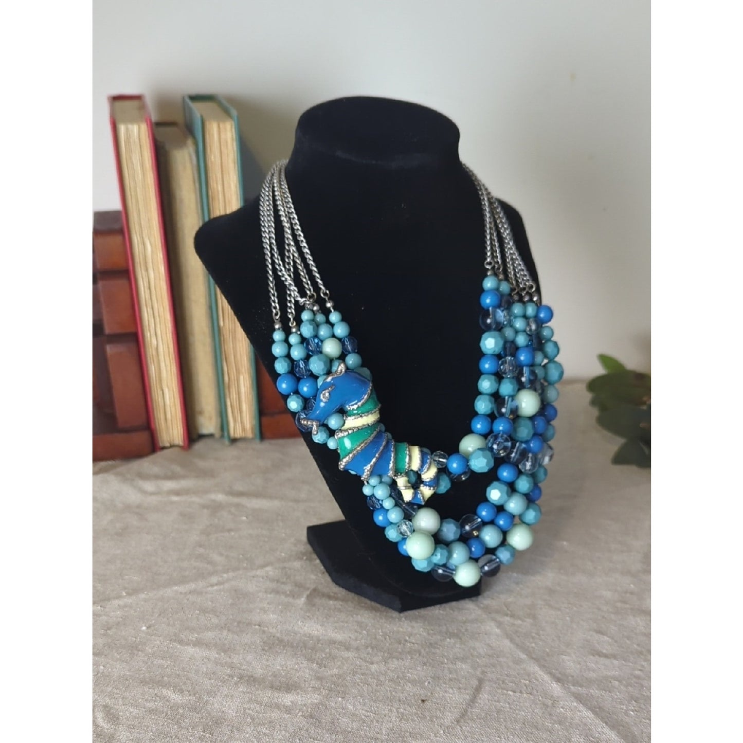 Vintage Seahorse Statement Necklace, Coastal Art to Wear, Layered Beaded Ocean