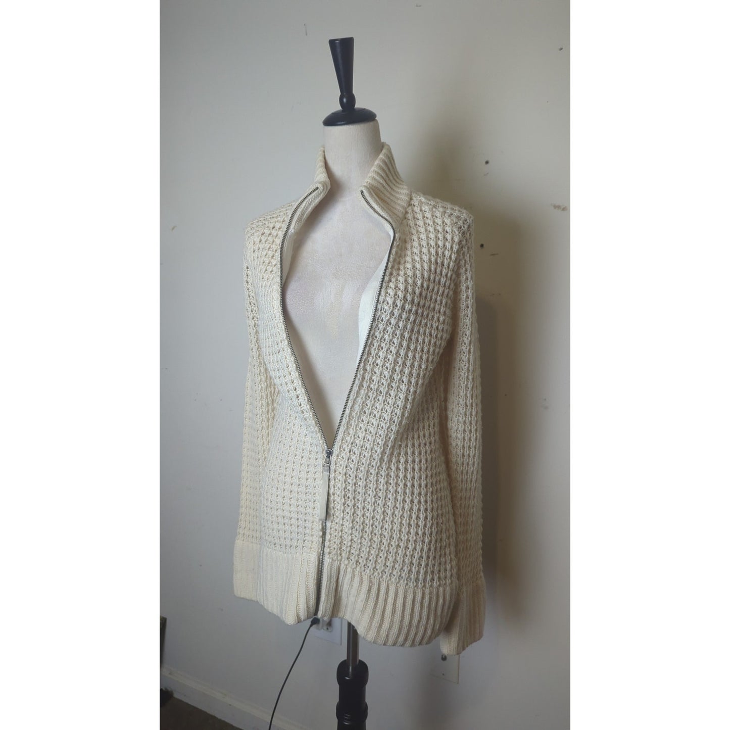 Ski Lodge Minimalist Cozy Waffle Knit Zip Wool Blend Cardigan Women's M*