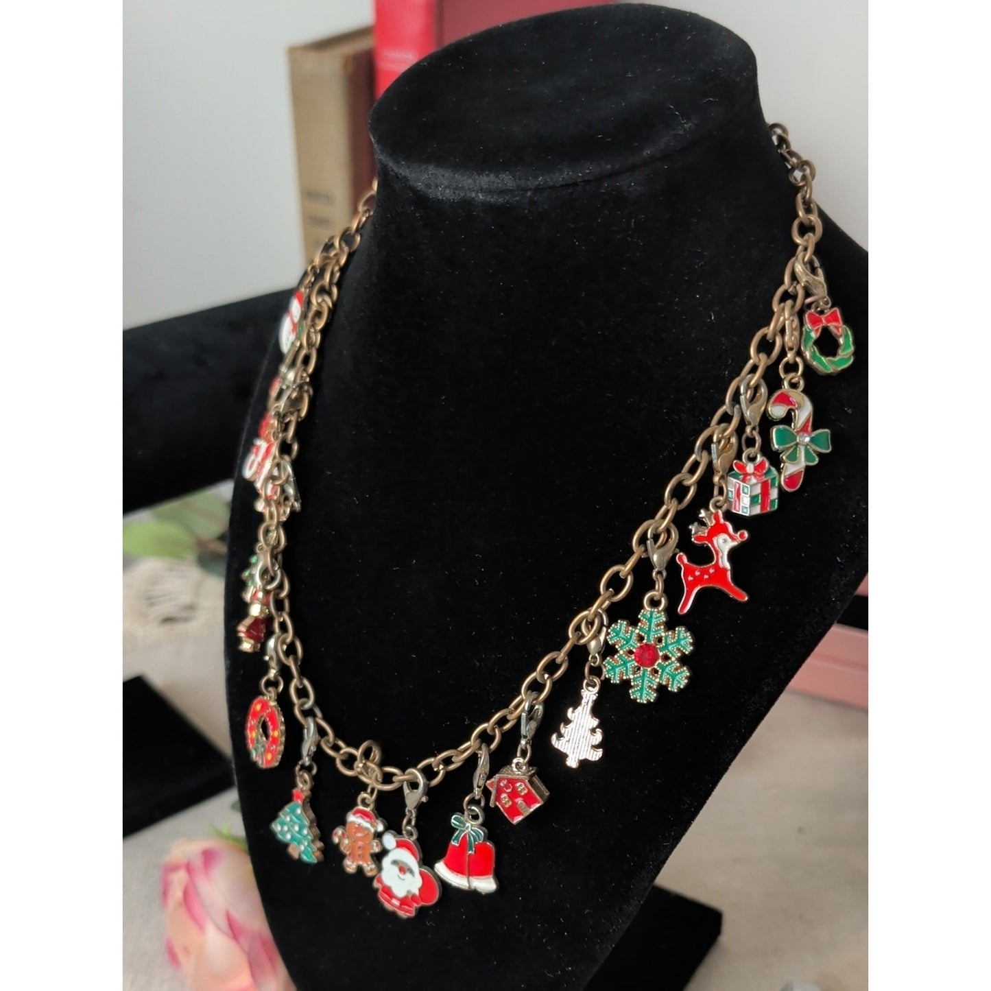 Vintage Christmas Charm Necklace Eclectic Holiday Charm Necklace Whimsical