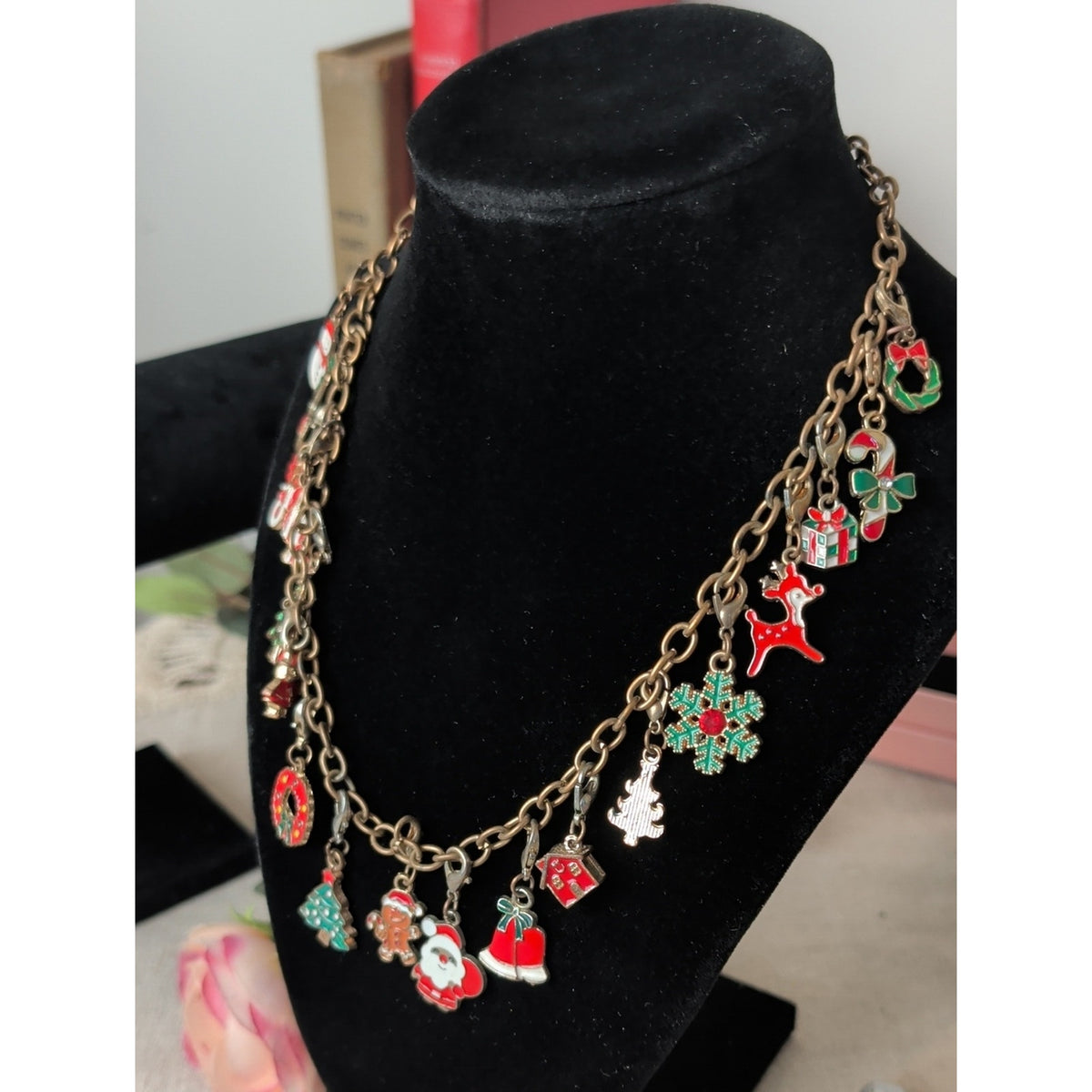 Vintage Christmas Charm Necklace Eclectic Holiday Charm Necklace Whimsical