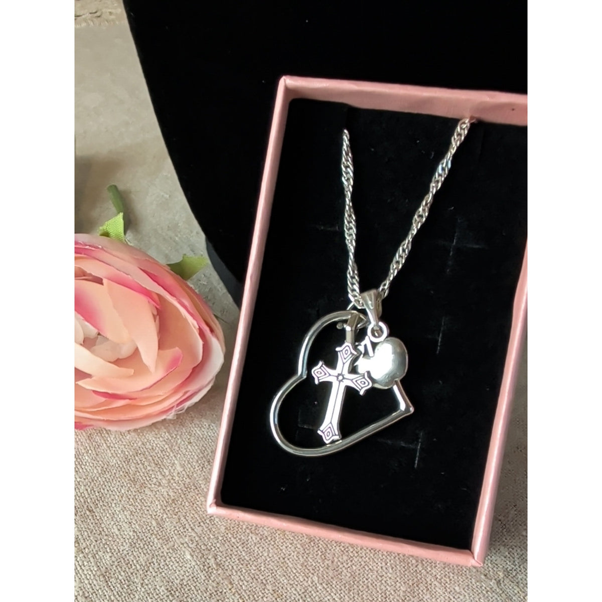 Teacher Apple Heart Cross Charm Necklace Faith Inspire Silver Tone Gift