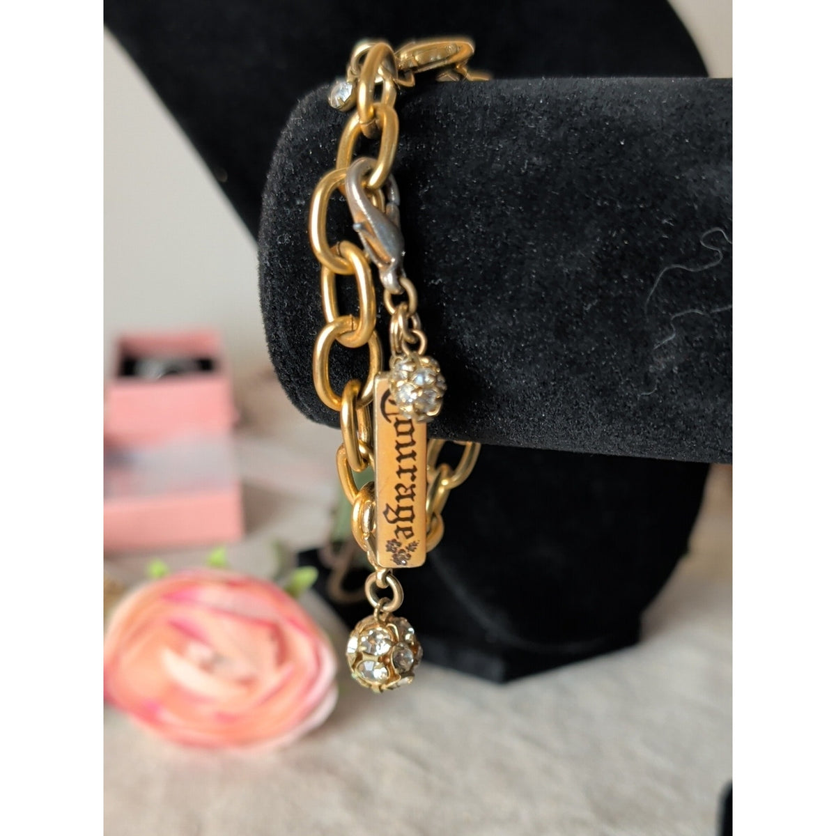 Signed Maximal Art Charm Bracelet Gold Tone Chunky Chain Dream Charm Rhinestone